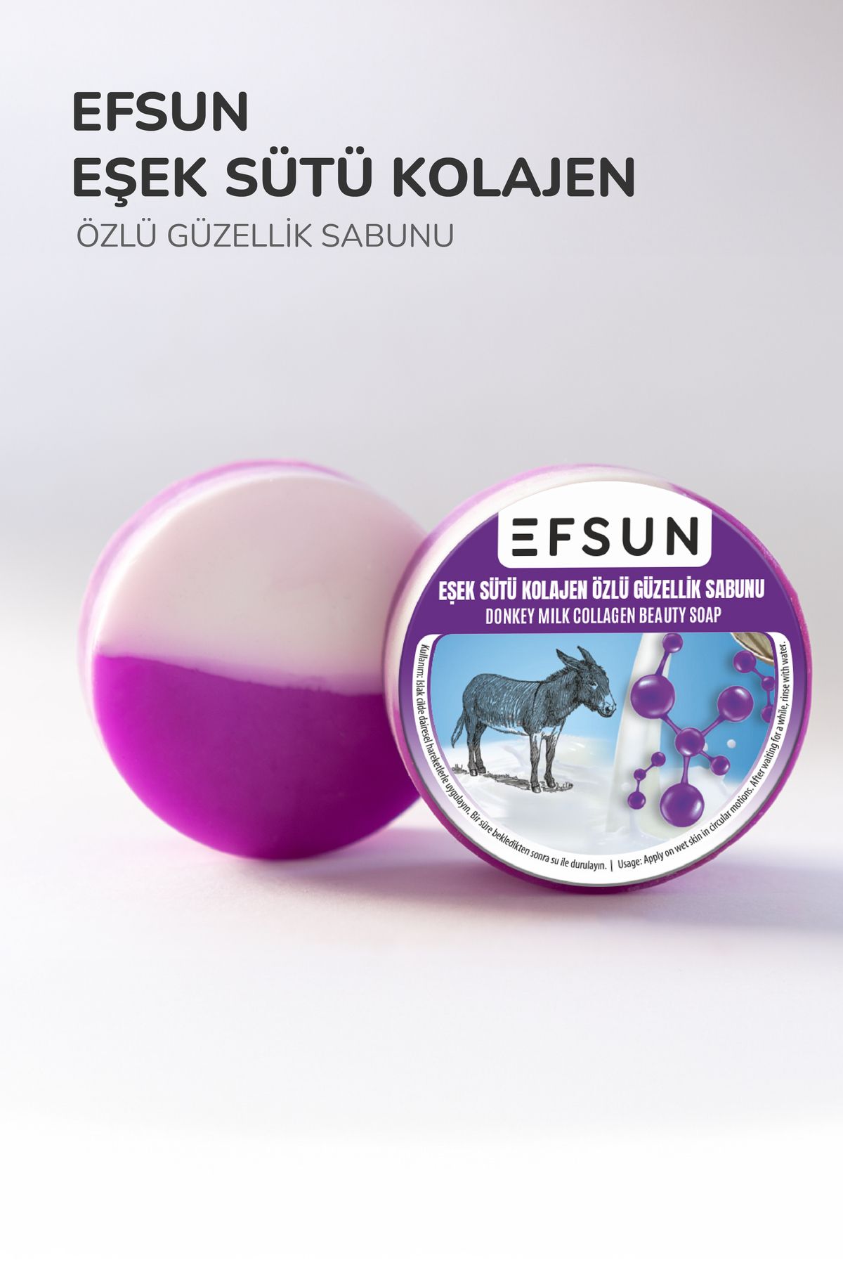 Efsun Doğal Eşek Sütü Kolajen Özlü Güzellik Sabunu, Eşek Sütlü Kolajenli Yuvarlak Katı Sabun 135 gr.