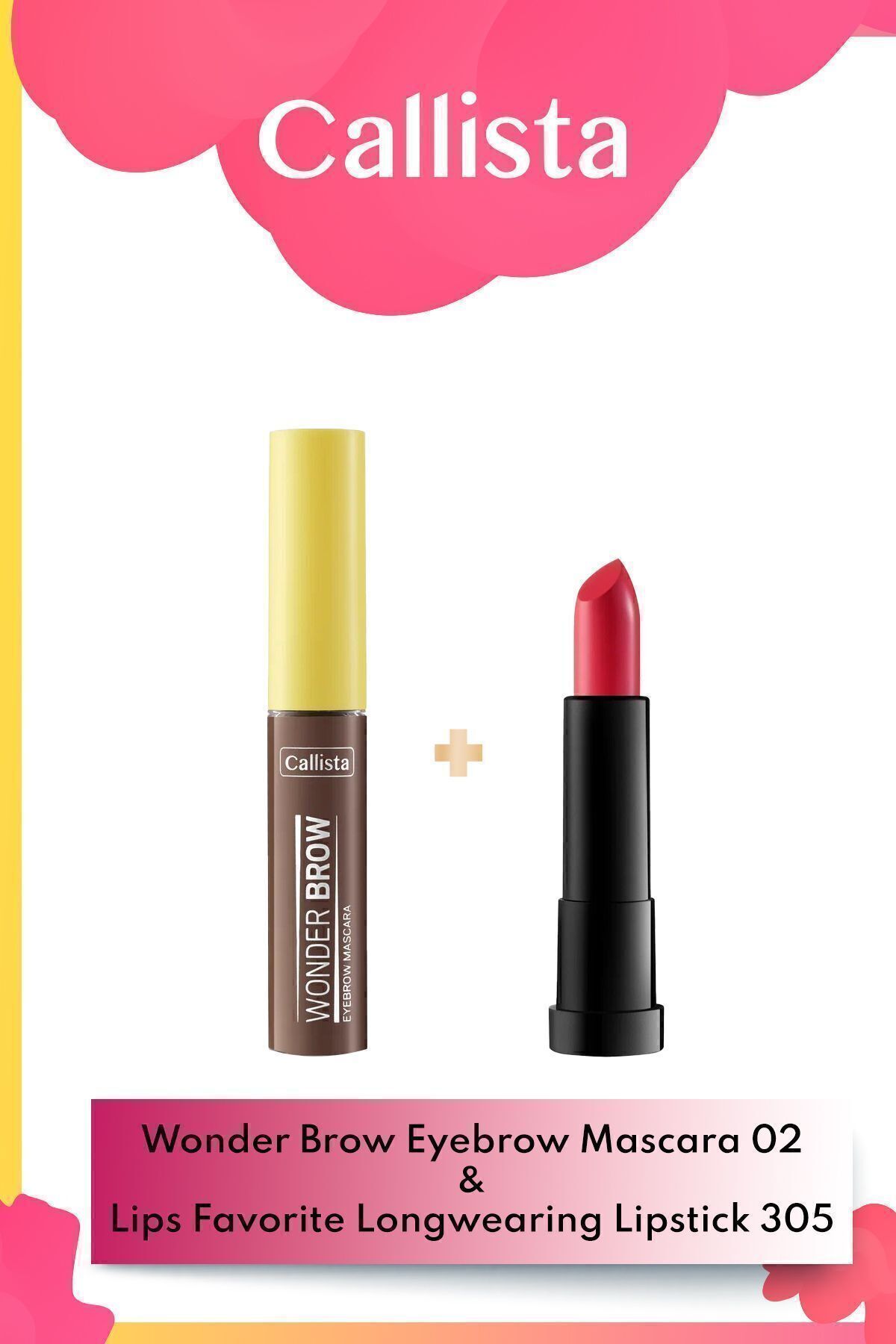 Callista Wonder Brow Kaş Maskarası 02 Kahve & Lips Favorite Longwearing Ruj 305 - Pembe Makyaj Seti