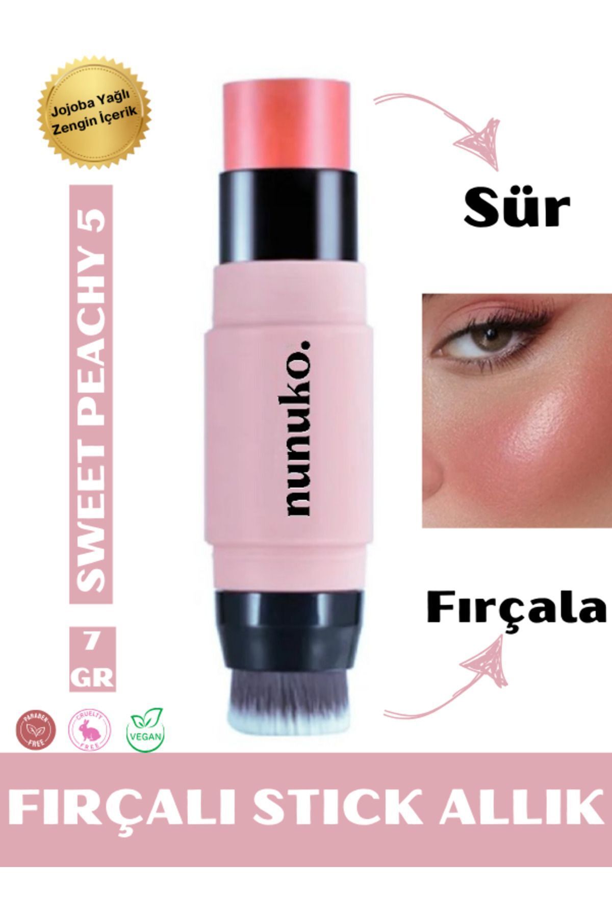 NUNUKO Milky Jelly 2'si 1 Arada Çift Taraflı Fırçalı Stick Allık Yumuşak Sürüm-2'li Makyaj Fırçalı Allık