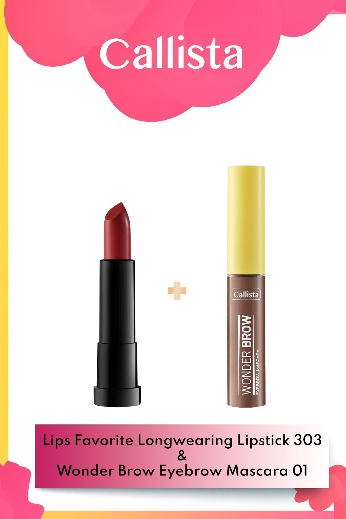 Callista Lips Favorite Longwearing Ruj 303 - Kırmızı & Wonder Brow Eyebrow Kaş Maskarası 01 Makyaj Seti