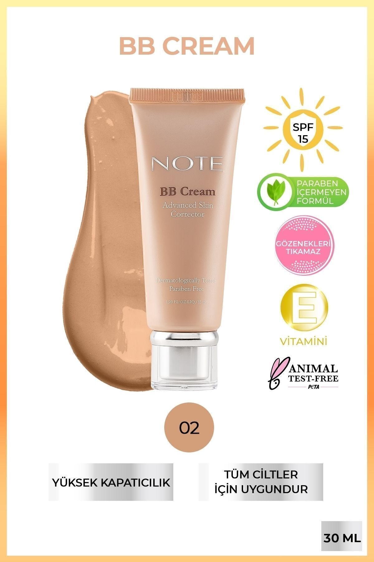NOTE BB Cream SPF 15 Nemlendirici Etkili Yoğun Kapatıcı BB Krem - 02 Orta Koyu