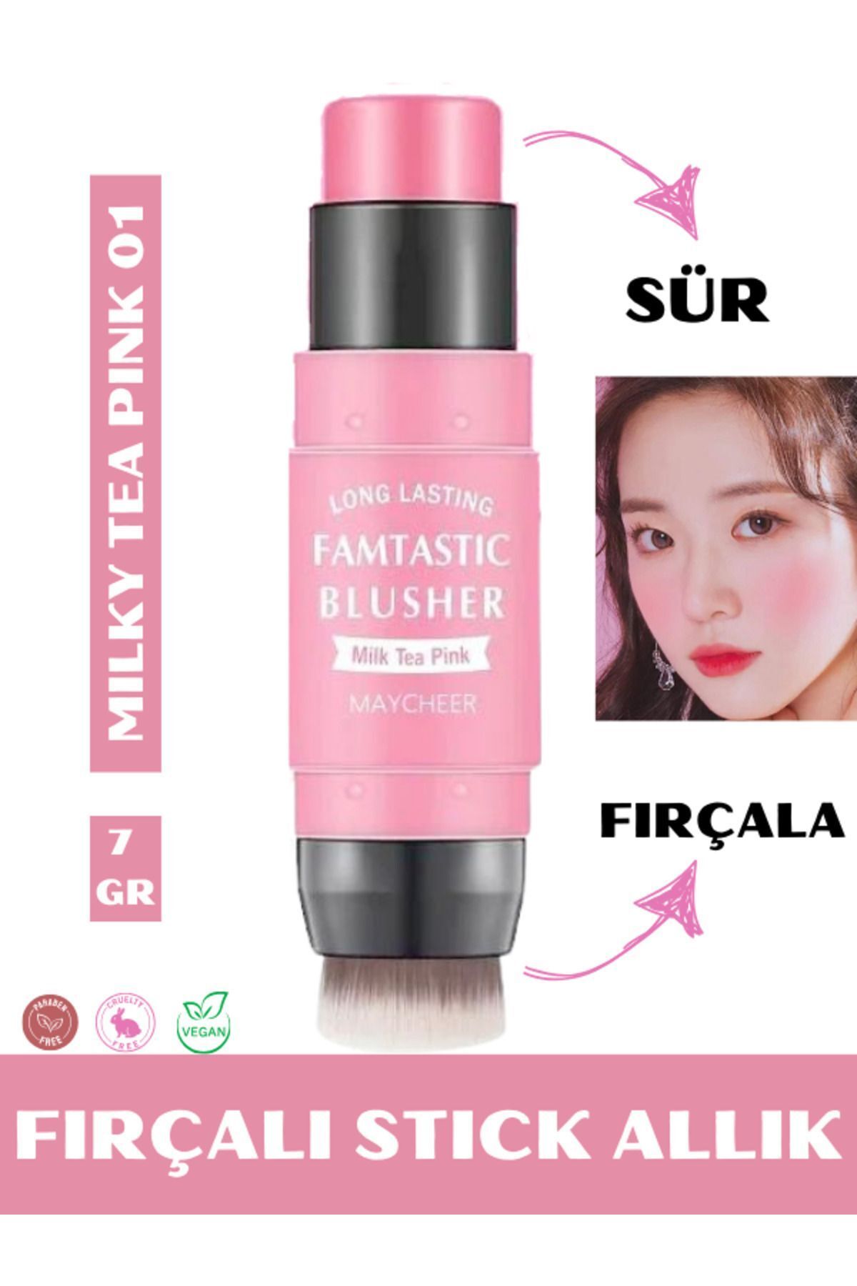 NUNUKO Milky Jelly 2'si 1 Arada Fırçalı Açık Pembe Allık - 2'li Stick Allık - Fırçalı Stick Allık