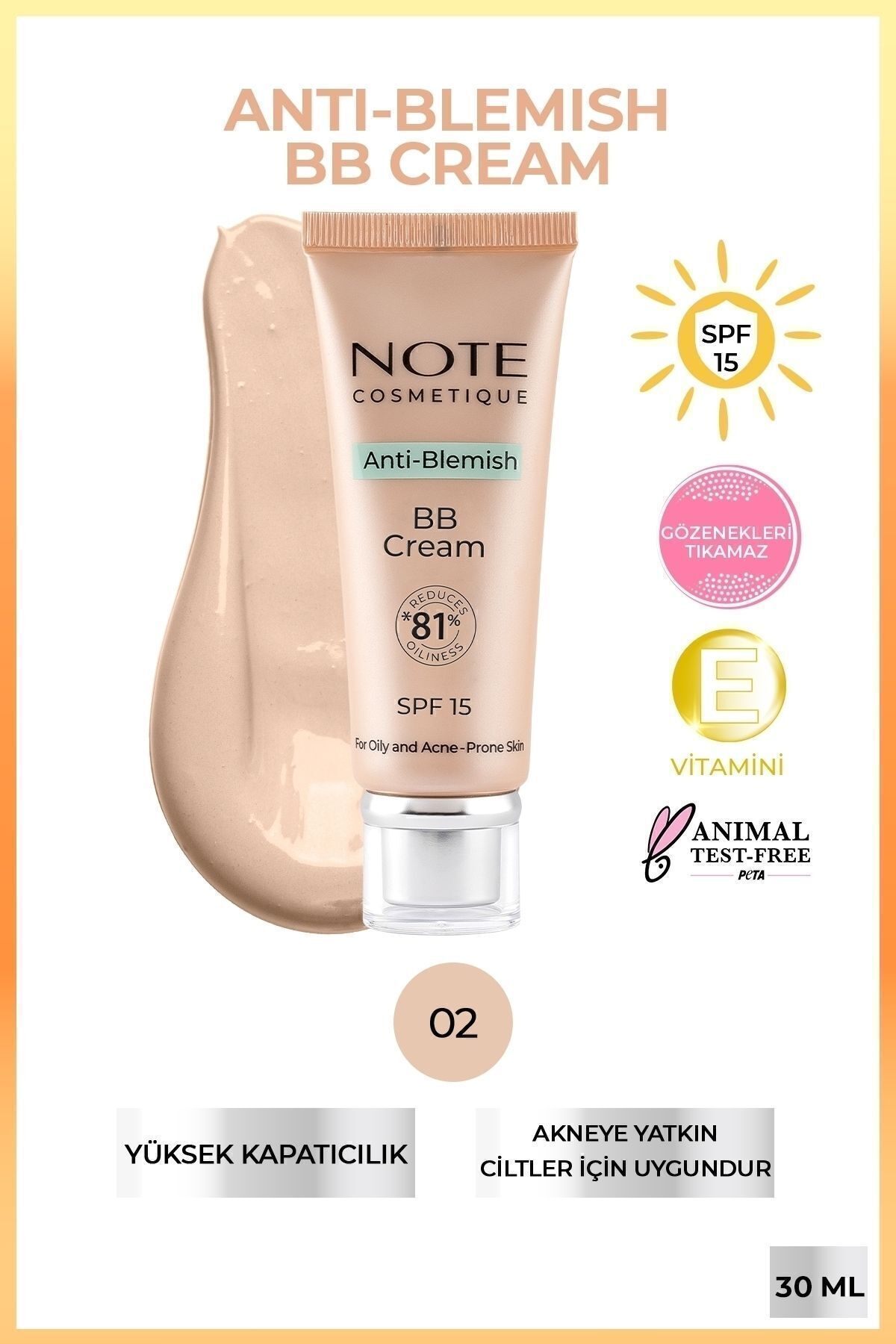 NOTE Anti-Blemish BB Cream SPF 15 Akneye Yatkın Ciltler BB Krem - 02 Light Beige