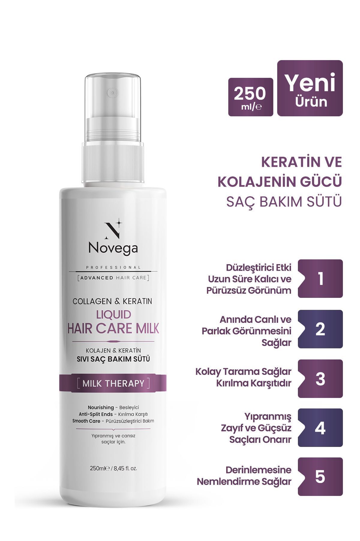 Novega Keratin Collagen Saç Sütü -Düzleştirici & Nemlendirici Etki, Parlak ve Elektriklenmeyen Saçlar 250ML