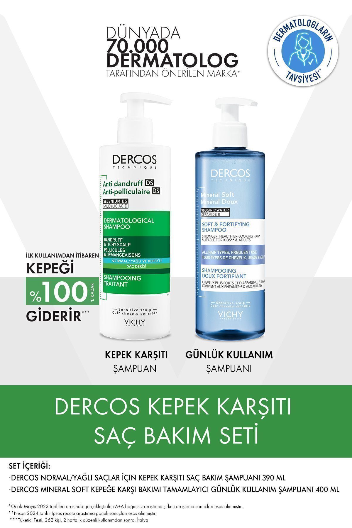 Vichy Dercos Normal/Yağlı Saçlar İçin Saç Bakım Seti: Kepek Karşıtı Şampuan& Mineral Soft Bakım Şampuan