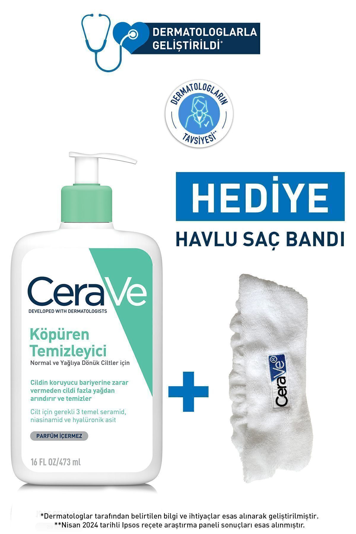 CeraVe Yüz Bakım Seti: Normal ve Yağlı Ciltler İçin Köpüren Temizleyici 473ml & Havlu Saç Bandı