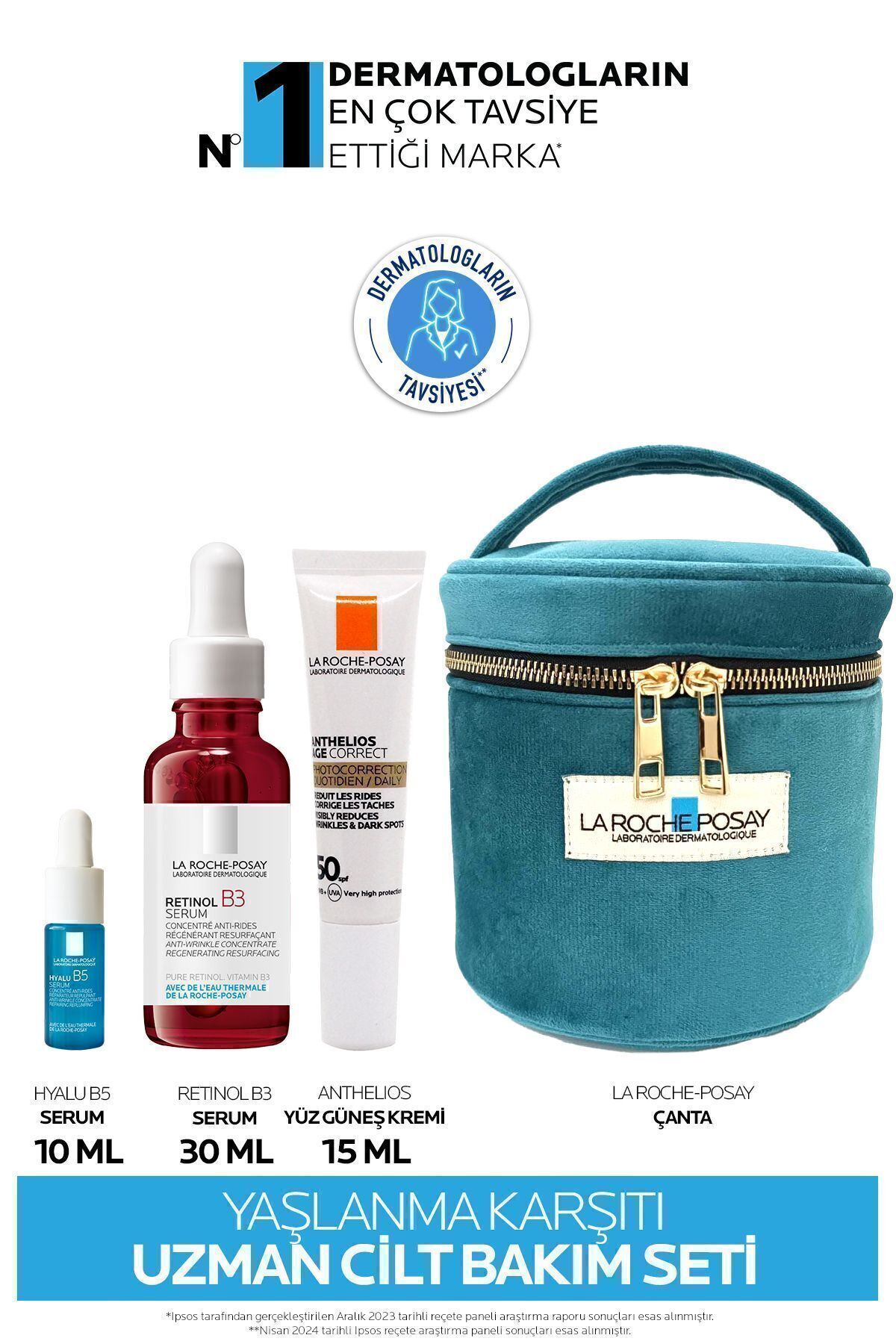 La Roche Posay Kırışıklık/Yaşlanma Karşıtı Cilt Bakım Seti:Retinol B3 Serum&Antehlios Güneş Kremi&Hyalu B5&Çanta