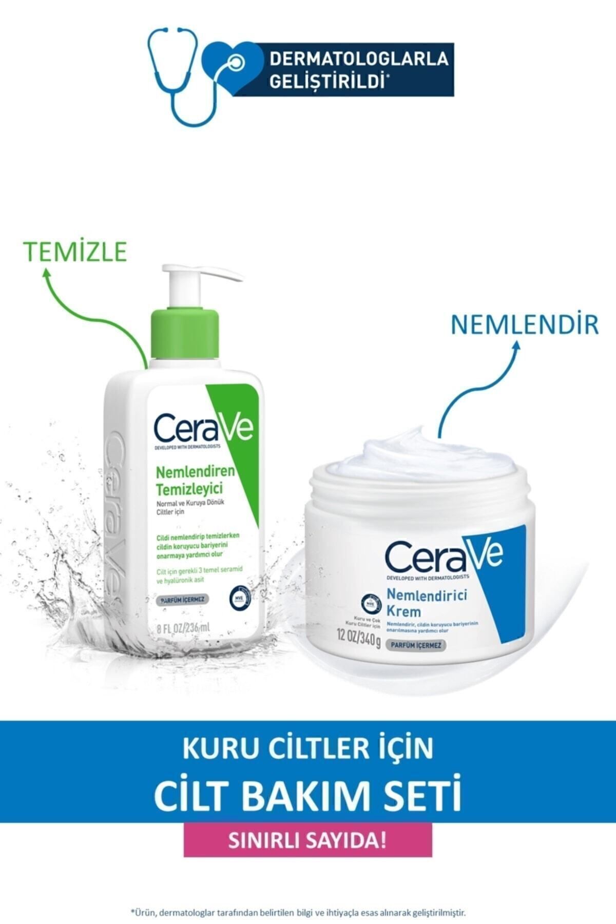 CeraVe Kuru Ciltler İçin Cilt Bakım Seti: Nemlendiren Temizleyici 236ML & Nemlendirici Krem 340GR