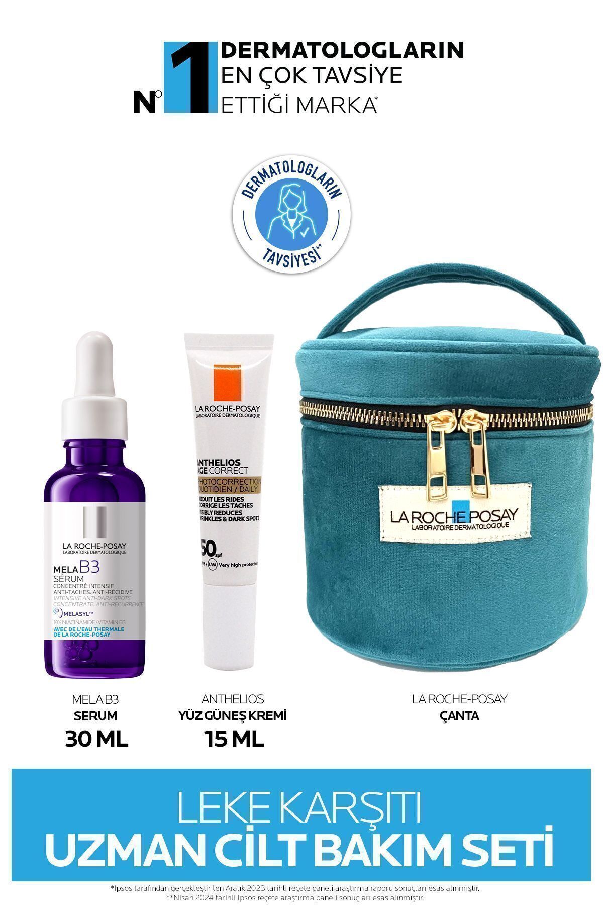 La Roche Posay Leke Karşıtı Uzman Cilt Bakım Seti: Mela B3 Leke Serumu 30ML&Age Correct Güneş Kremi 15ML&Çanta