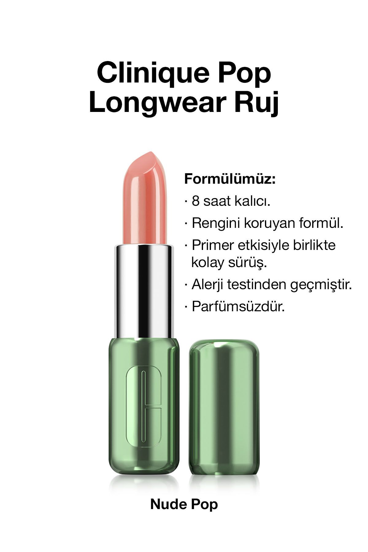 Clinique Pop Longwear™ Gün Boyu Kalıcı Ruj - Renk: Nude Pop 3.9g | Parlak Bitiş