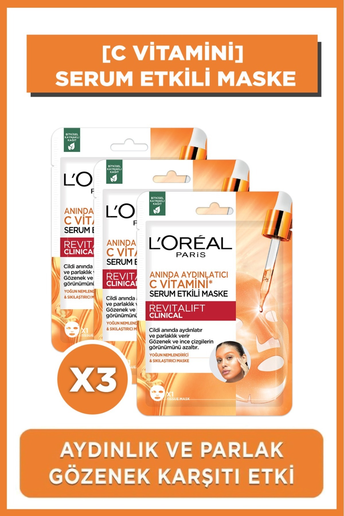 L'Oreal Paris 3'lü Revitalift Clinical Anında Aydınlatıcı C Vitamini Serum Etkili Maske