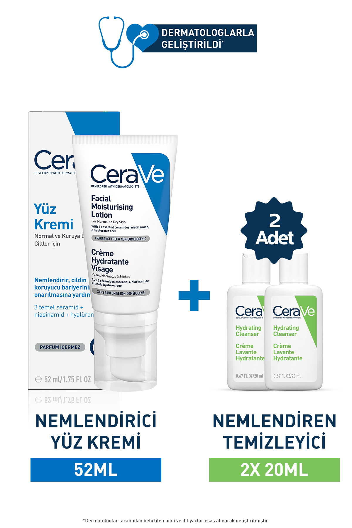 CeraVe Cilt Bakım Seti:nemlendirici Yüz Kremi 52ml&nemlendiren Temizleyici 2x20ml