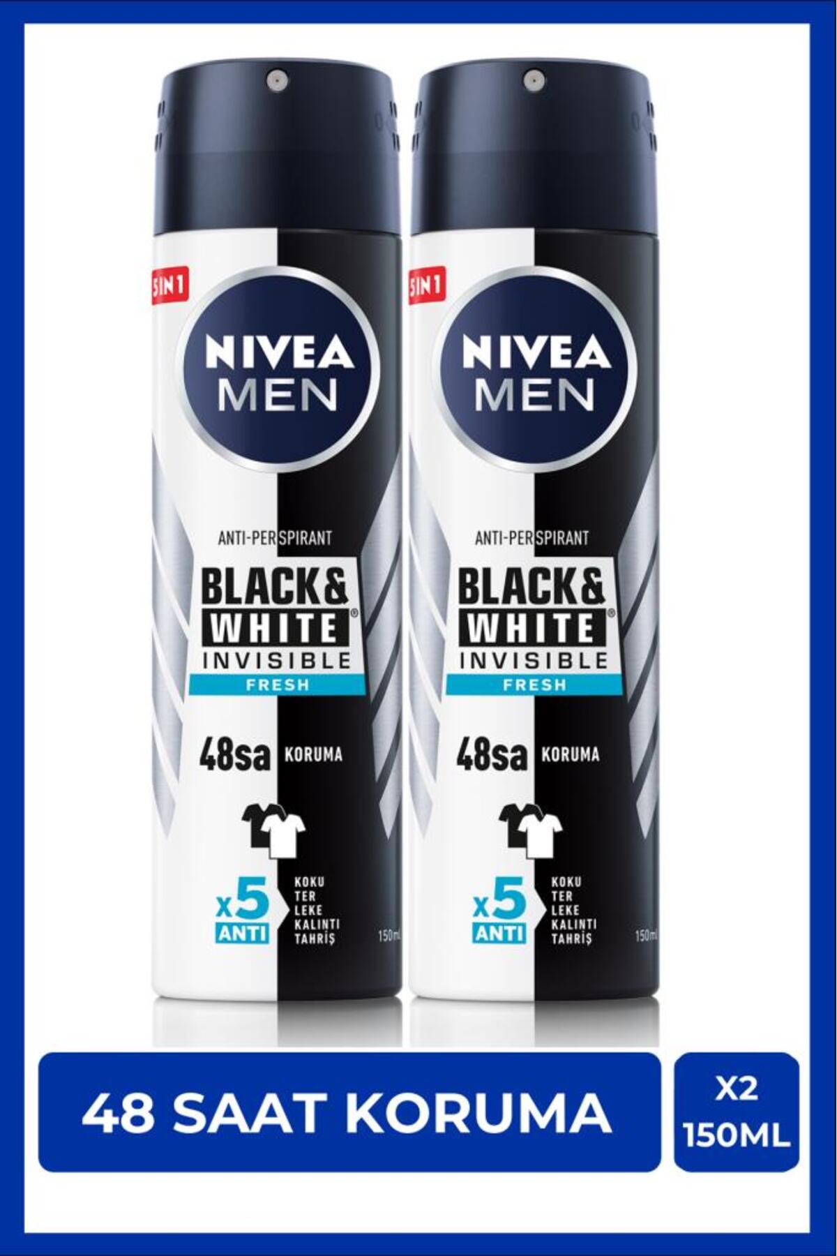 NIVEA Men Erkek Sprey Deodorant Black&white Invisible Fresh 150ml, 48 Saat Anti-perspirant Koruma, X2 Adet