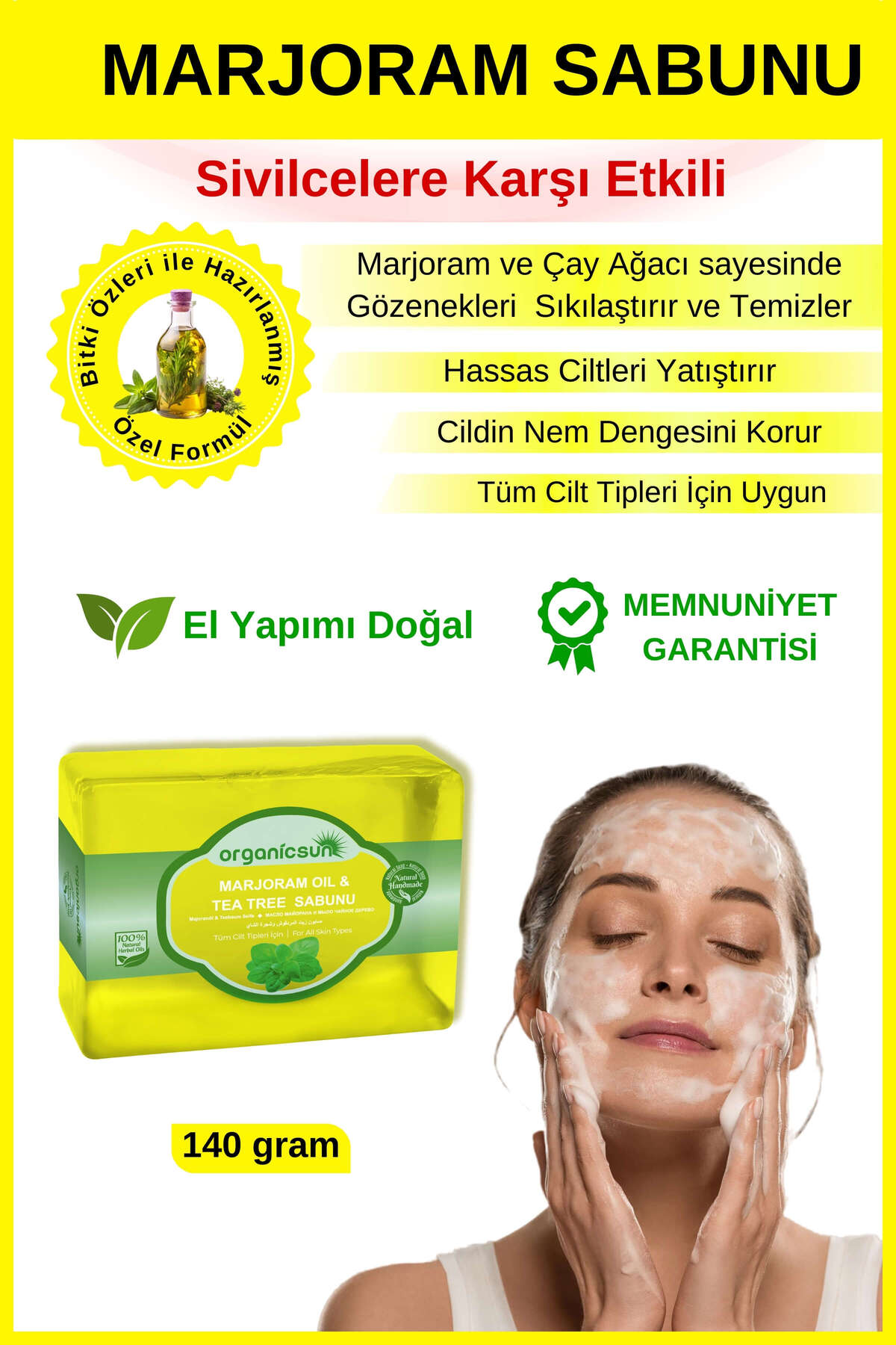 Organicsun Marjoram Oil & Tea Tree Çay Ağacı Sabunu Gözenek Sıkılaştırıcı Doğal Sabun 140 gr