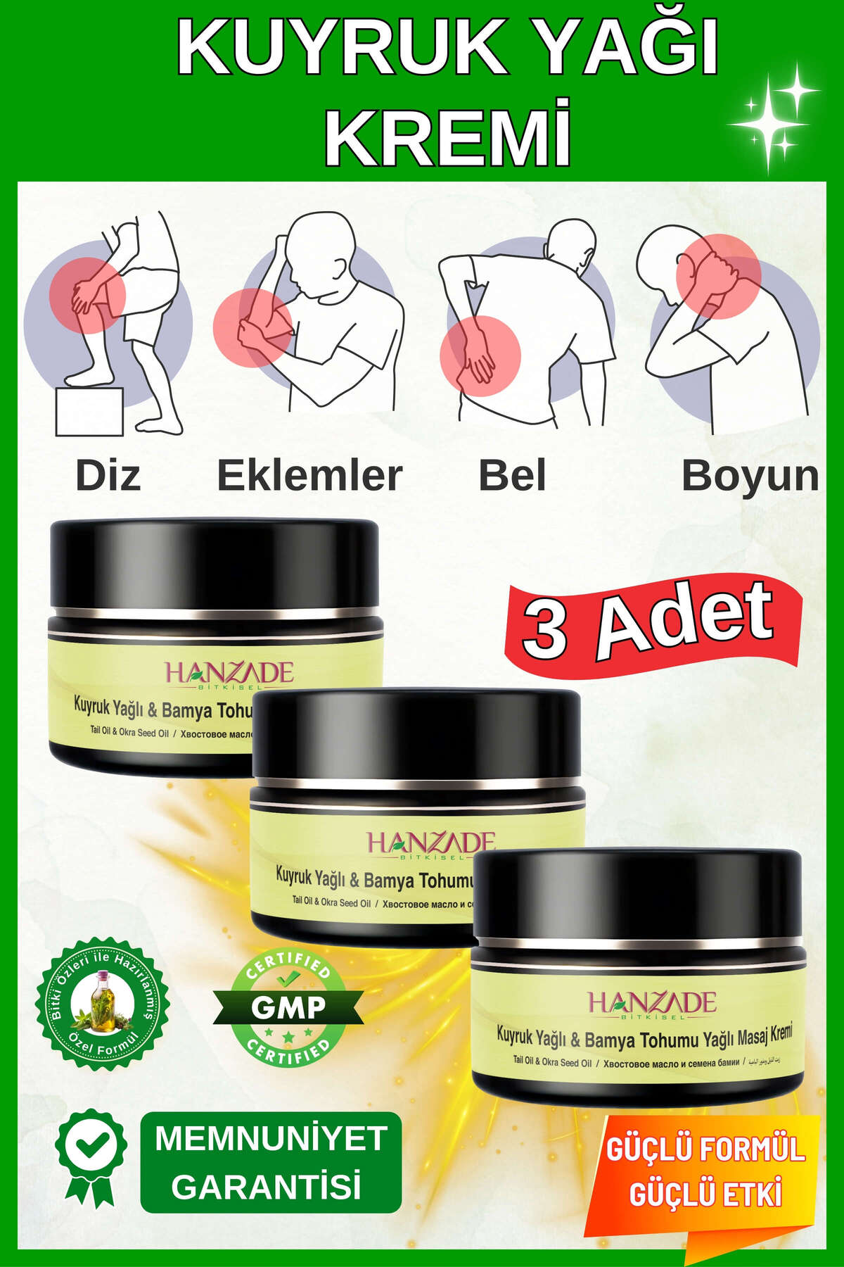 Hanzade Bitkisel Kuyruk Yağı & Bamya Tohumu Yağlı Ağrı Masaj Kremi Kas Eklem 100 ml X 3 Adet Krem