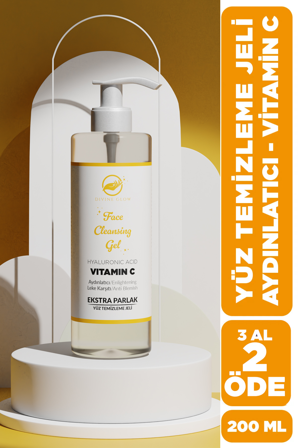 Divine Glow C Vitamini & Hyaluronic Acid Aydınlatıcı, Leke Karşıtı Yüz Temizleme Jeli 200 Ml, Yüz Temizleyici