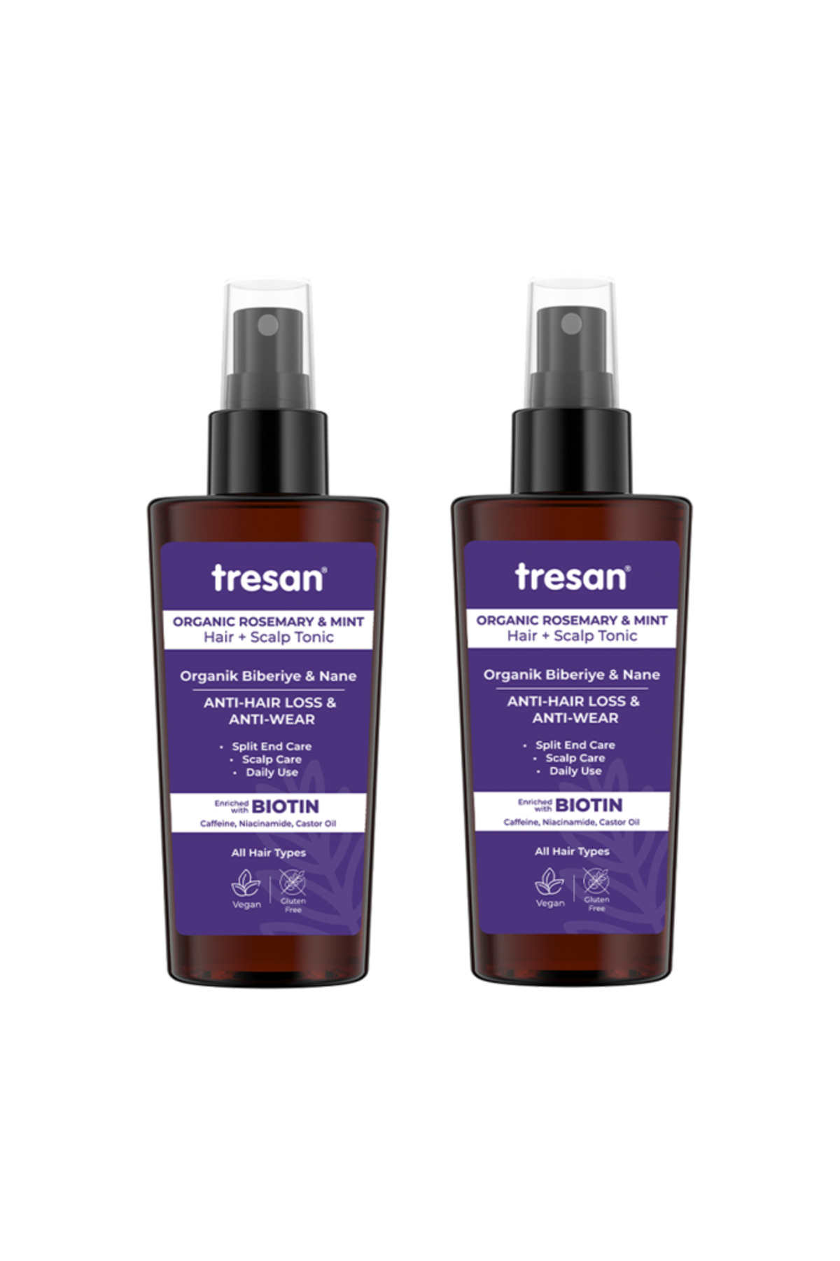 Tresan Organik Biberiye & Nane Dökülme Karşıtı Kompleks Saç Toniği – Biotin ve Kafein (125 ml X2)