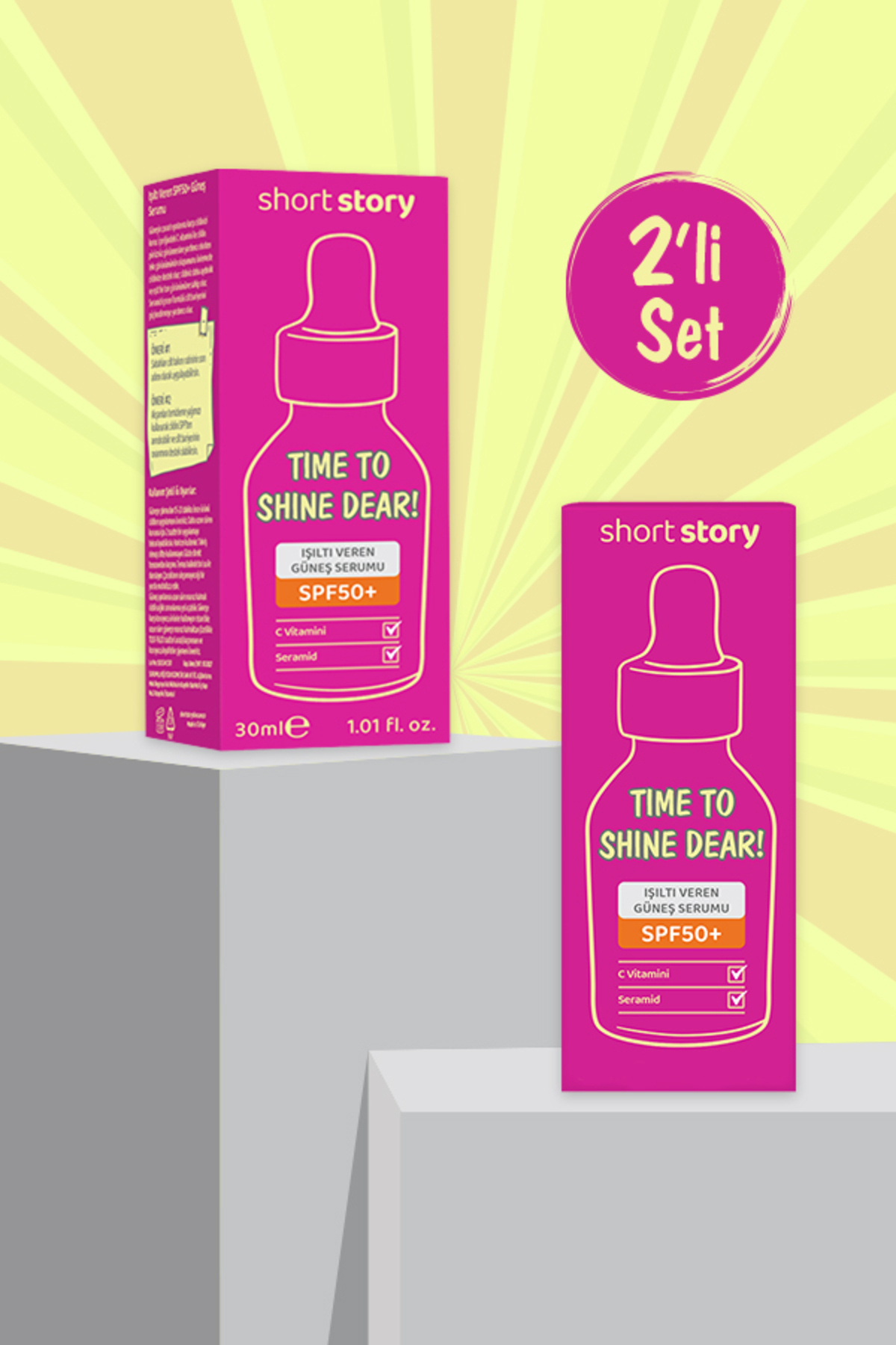 short story Time To Shine Dear | Işıltı veren güneş serumu spf50+, C vitamini, Seramid'li Multi Formül 2'li set
