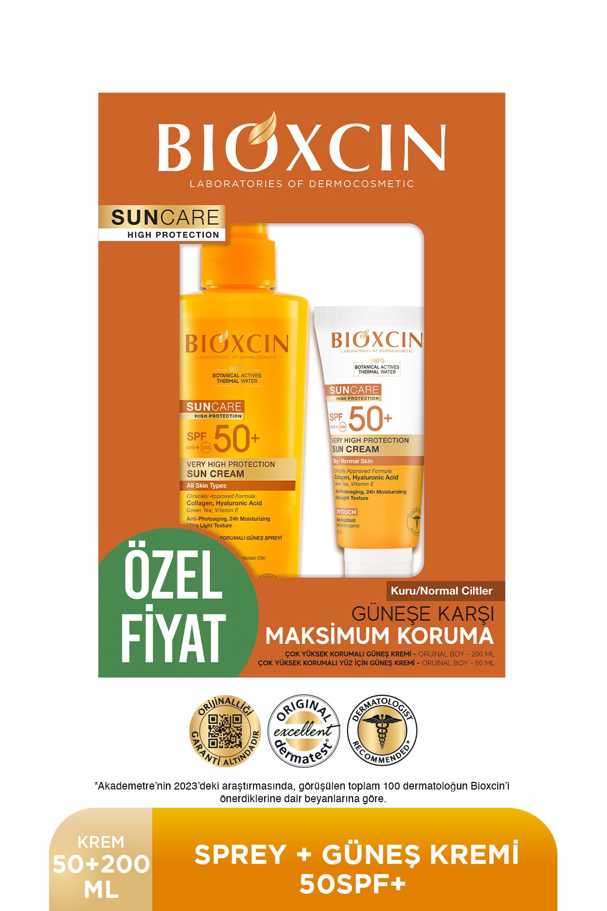 Bioxcin Sun Care Spf 50 Yüz Güneş Kremi 50 ml Kuru ve Normal Cilt + Vücut Güneş Spreyi 200 Ml Avantaj Seti