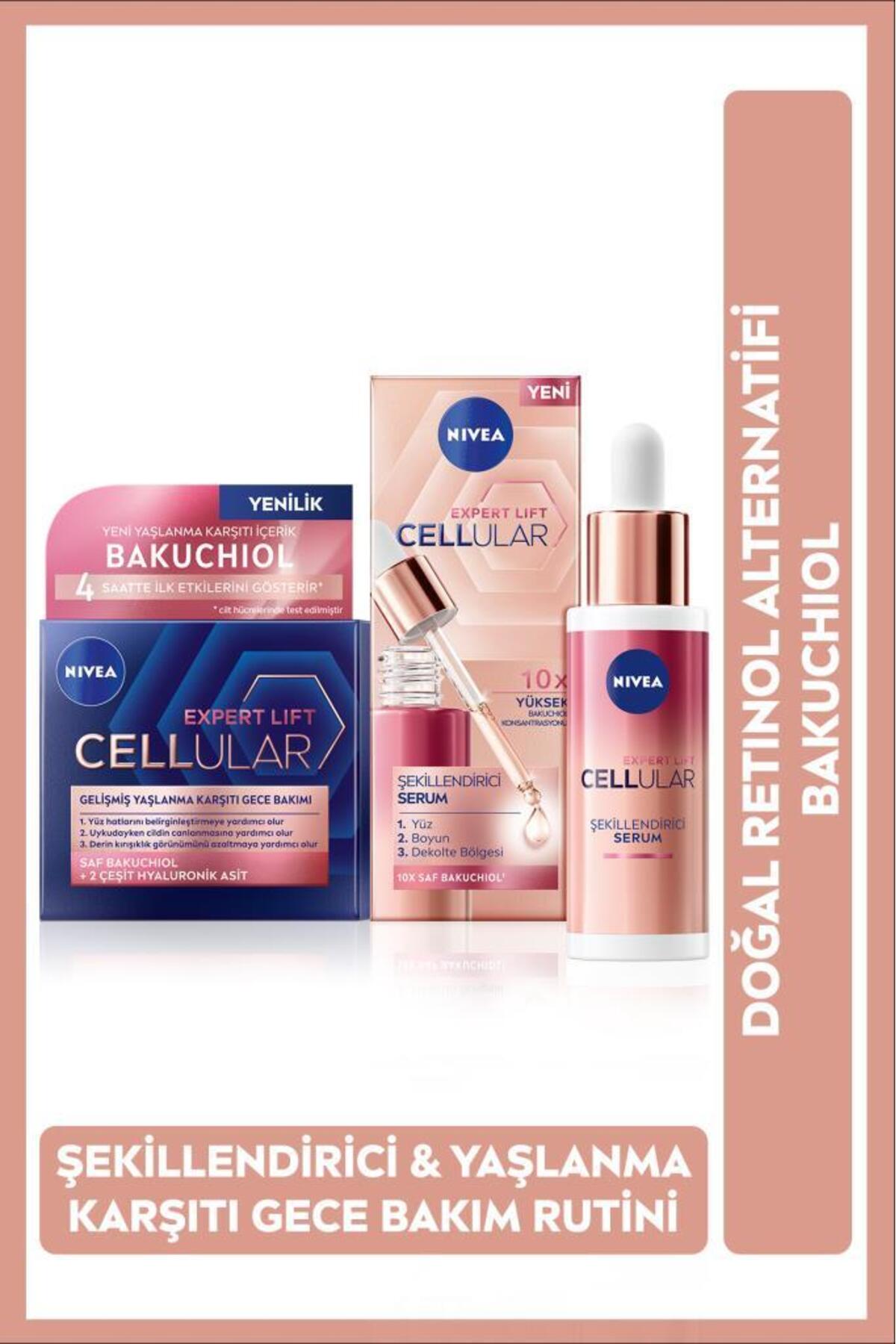 NIVEA Cellular Expert Lift Doğal Retinol Alternatifi Saf Bakuchiol Cilt Serumu 30ml, Gece Yüz Kremi 50ml