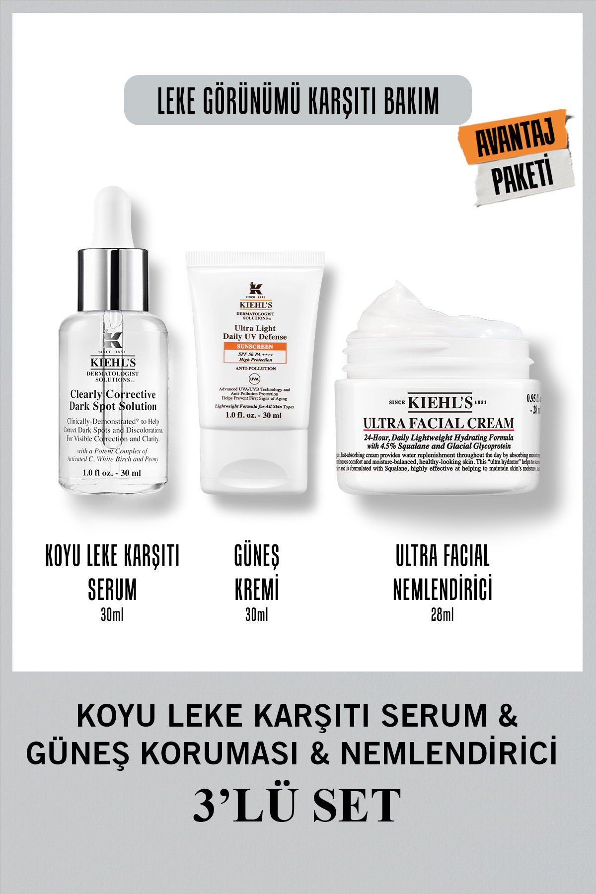 Kiehl's C vitamini içeren Koyu Leke Serumu & Kirlilik Karşıtı Güneş Koruması & 24 Saat Nemlendirici Set