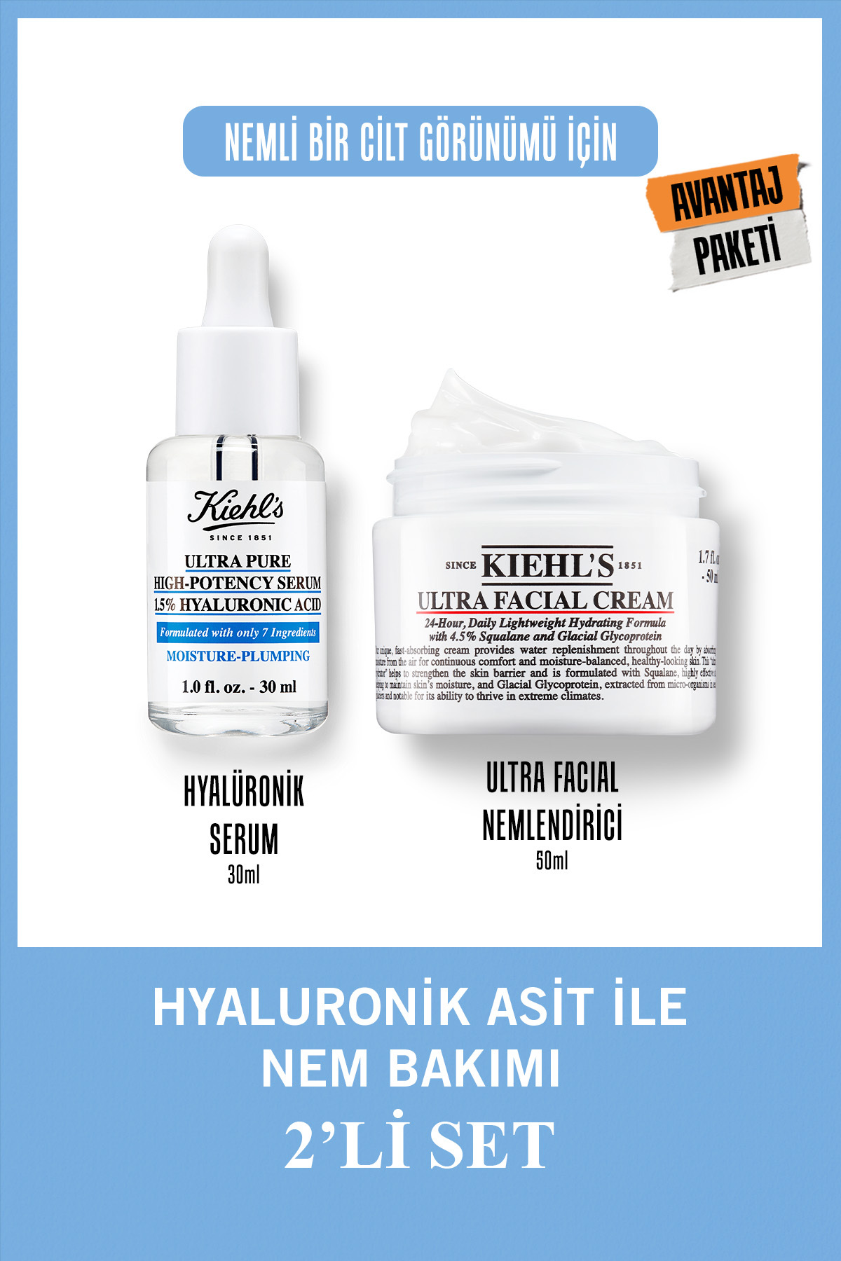 Kiehl's Ultra Pure ve Ultra Facial Hyaluronik Asit ile Nem Bakımı Onarıcı ve Nemlendirici Set
