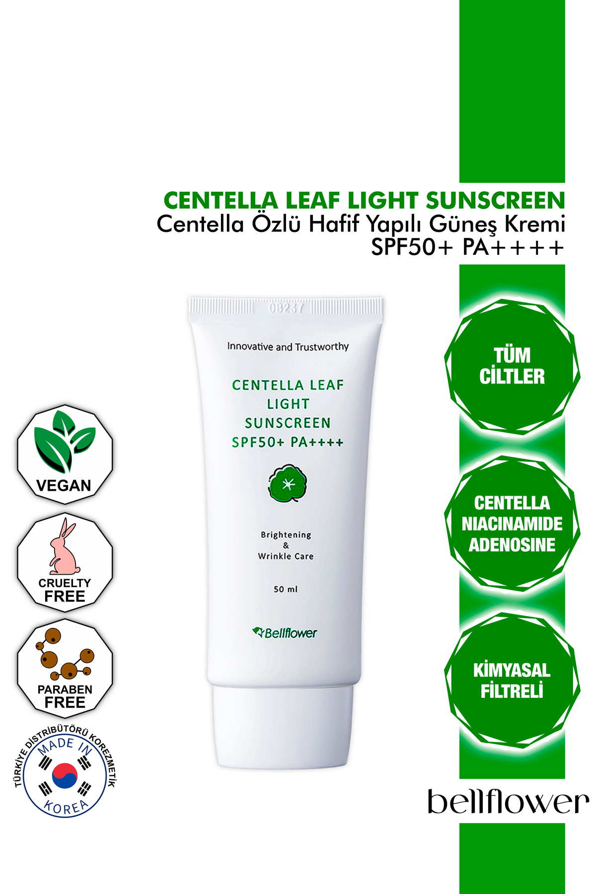 Bellflower Centella Özlü Ve Niacinamide İçeren Yatıştırıcı Onarıcı Güneş Kremi Spf50+ Pa++++ 50ml