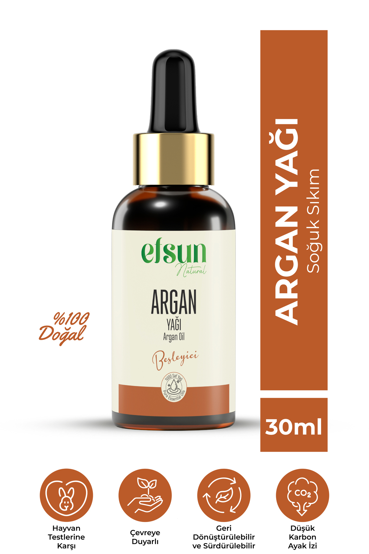 Efsun Natural Argan Yağı Besleyici, Kırılma Karşıtı Saç Bakım Yağı %100 Saf Ve Doğal Soğuk Sıkım 30 ml