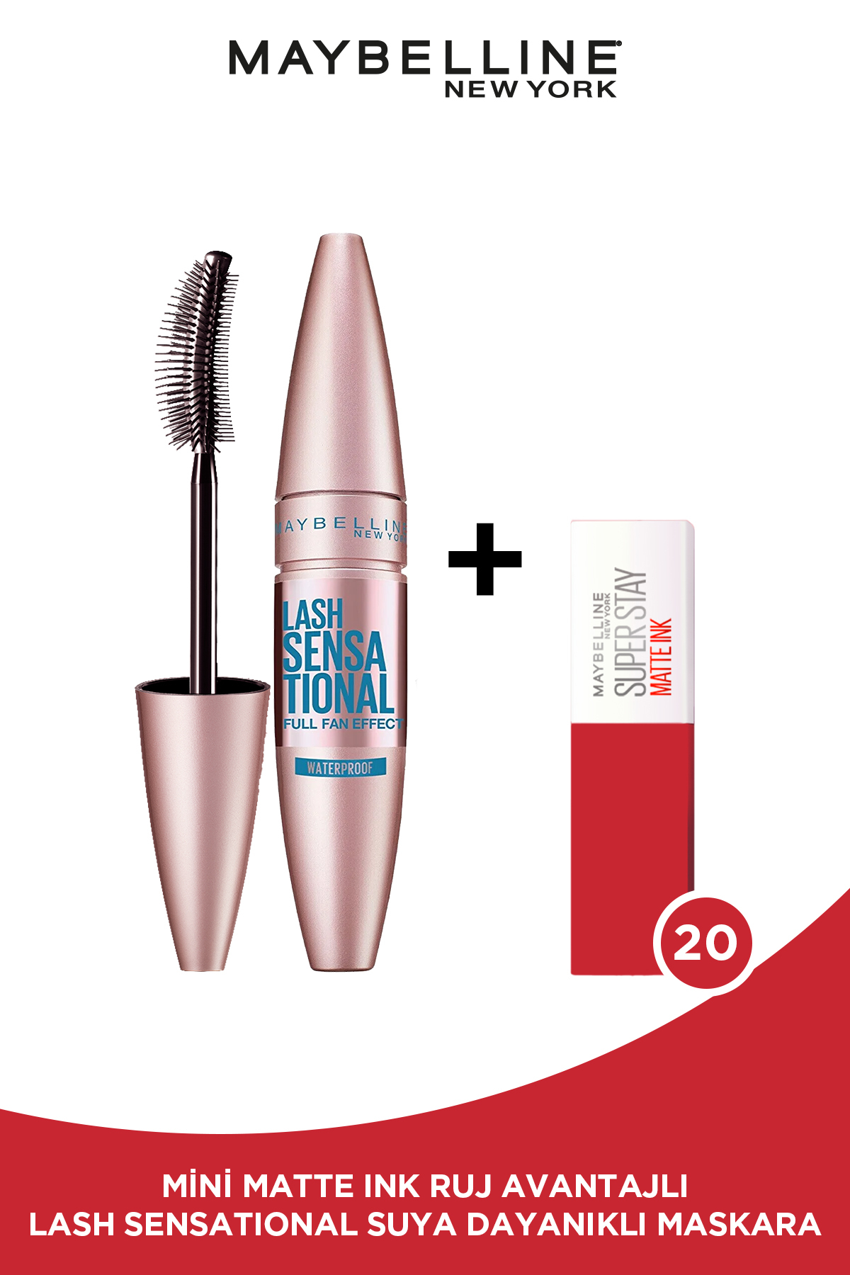 Maybelline New York Lash Sensational Yelpaze Etkili Suya Dayanıklı Siyah Maskara & Mini Likit Mat Ruj 20 Pioneer
