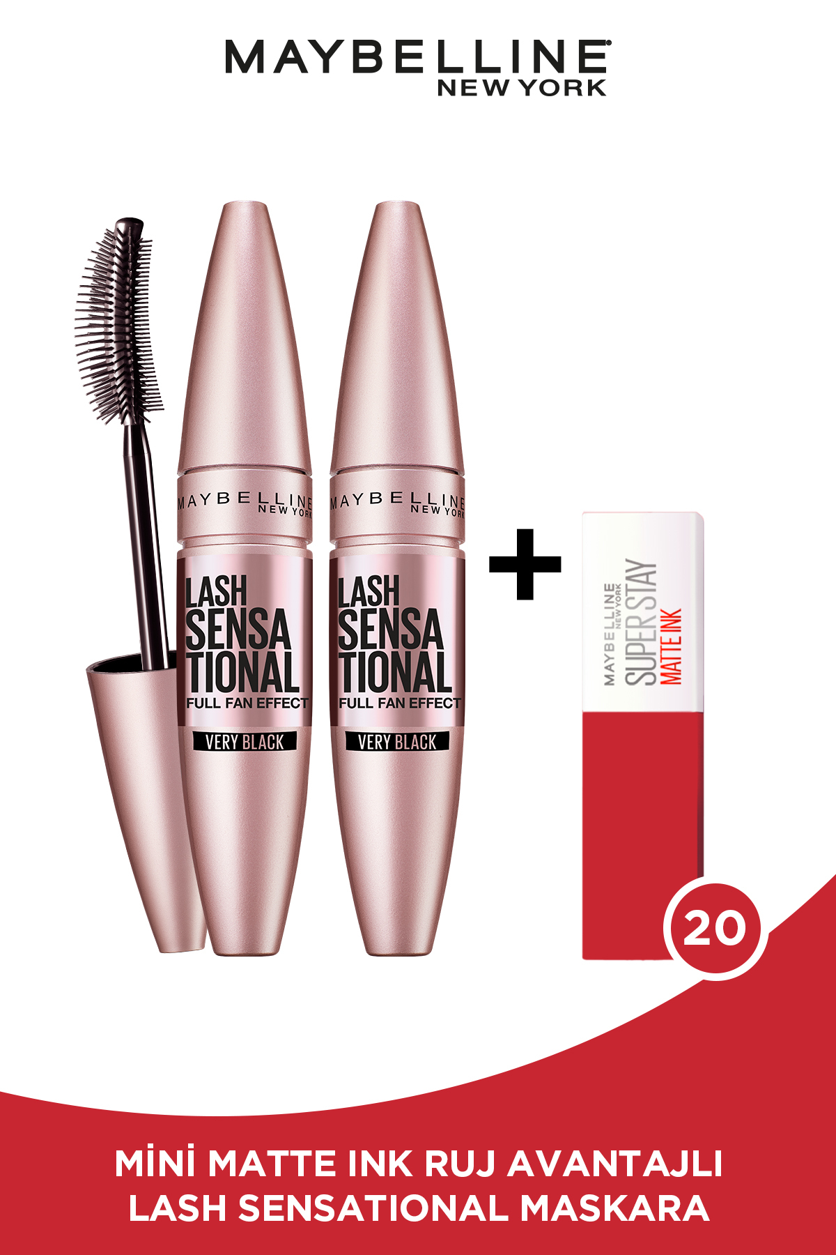 Maybelline New York 2'li Lash Sensational Siyah Maskara + Mini Super Stay Matte Ink Likit Mat Ruj 20 - Pioneer