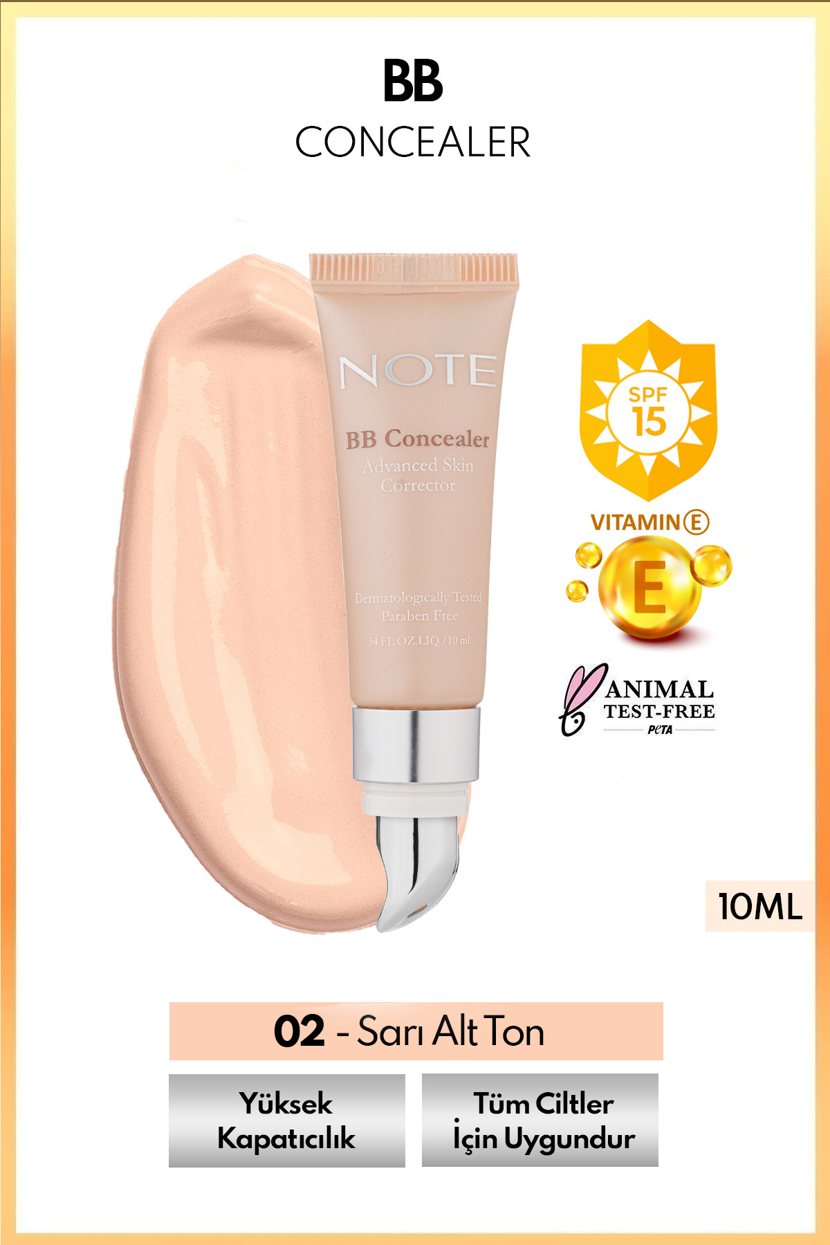 NOTE Bb Concealer Spf 15 Yoğun Kapatıcı Metal Başlıklı Göz Altı Kapatıcısı - 02 Orta Açık