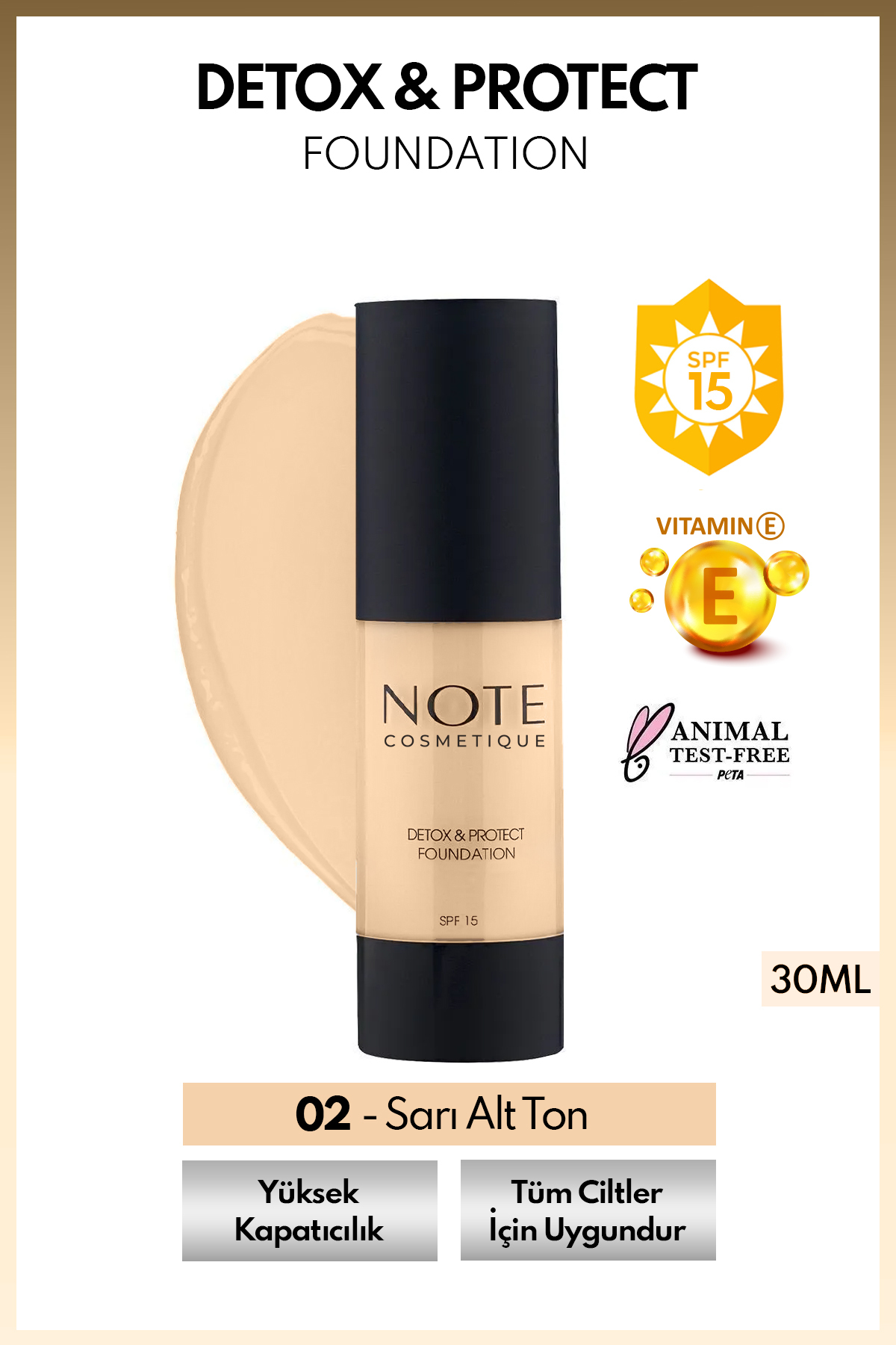 NOTE Detox & Protect Foundation Spf 15 Yoğun Kapatıcı Saten Bitişli Fondöten - 02 Natural Beige