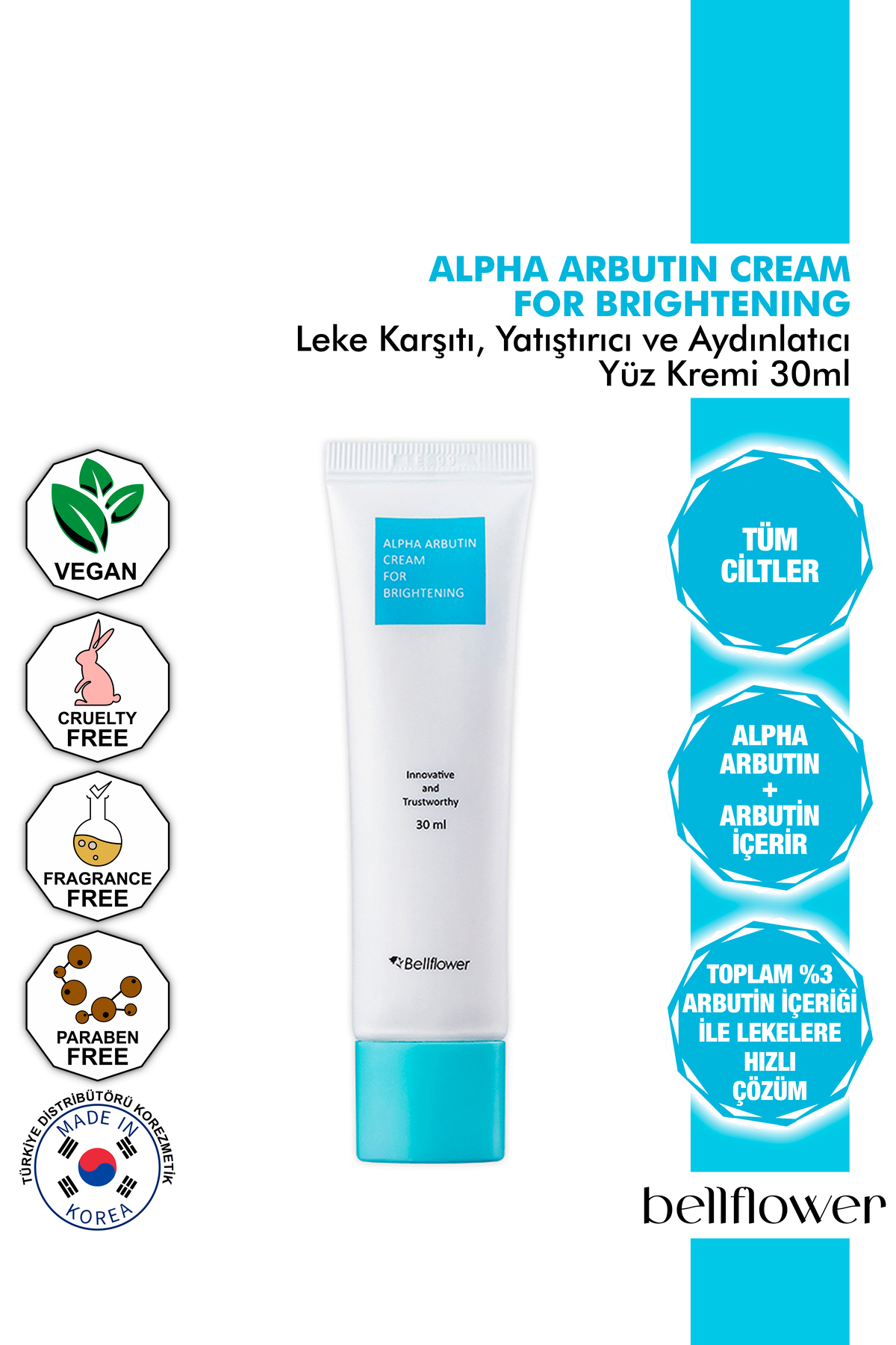 Bellflower Arbutin, Niacinamide Içeren Leke Karşıtı, Yatıştırıcı, Nemlendirici, Aydınlatıcı Krem 30ml