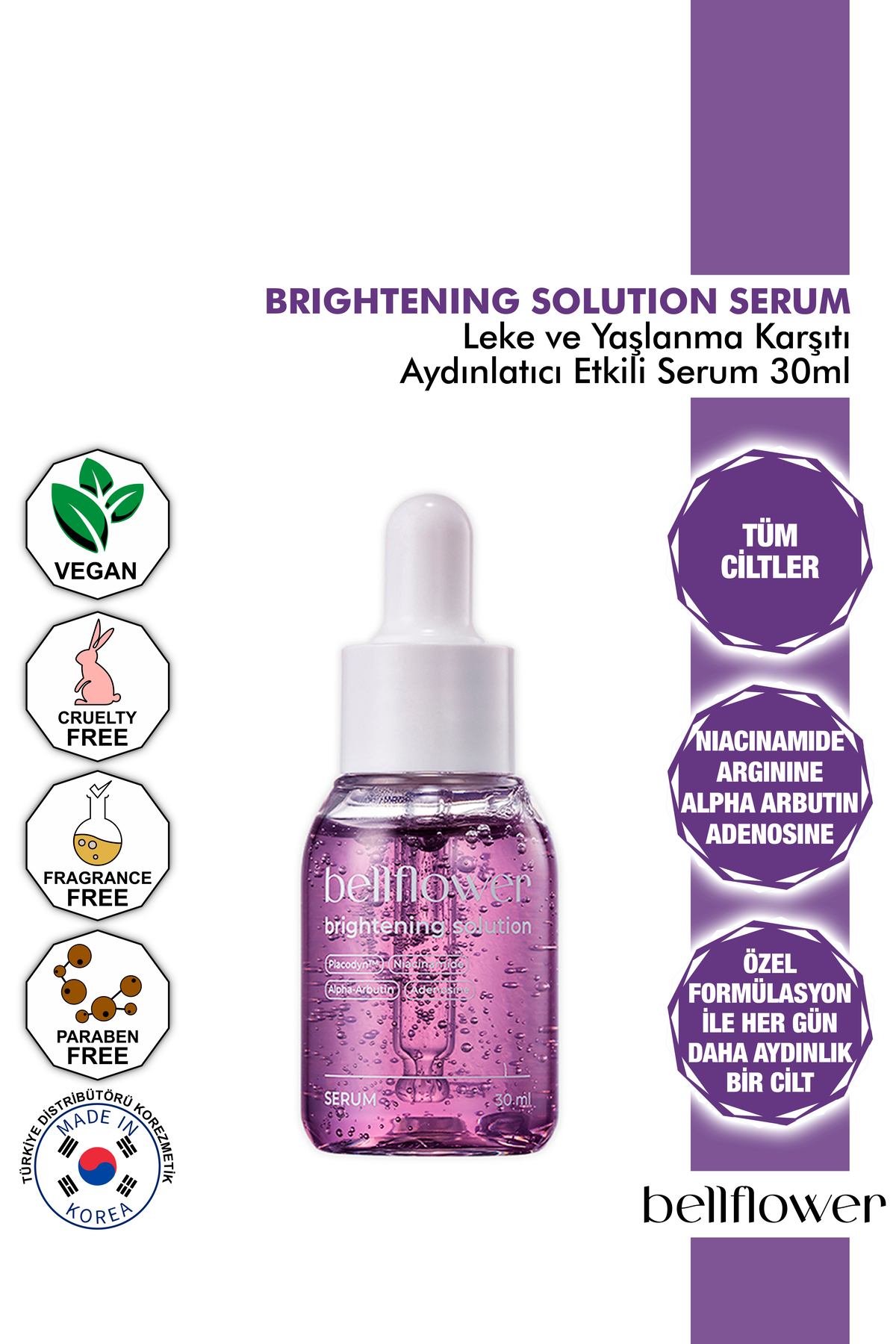 Bellflower Arbutin, Adenozin, Placodyn Içeren Leke Ve Kırışıklık Karşıtı Aydınlatıcı Solution Serum 30ml