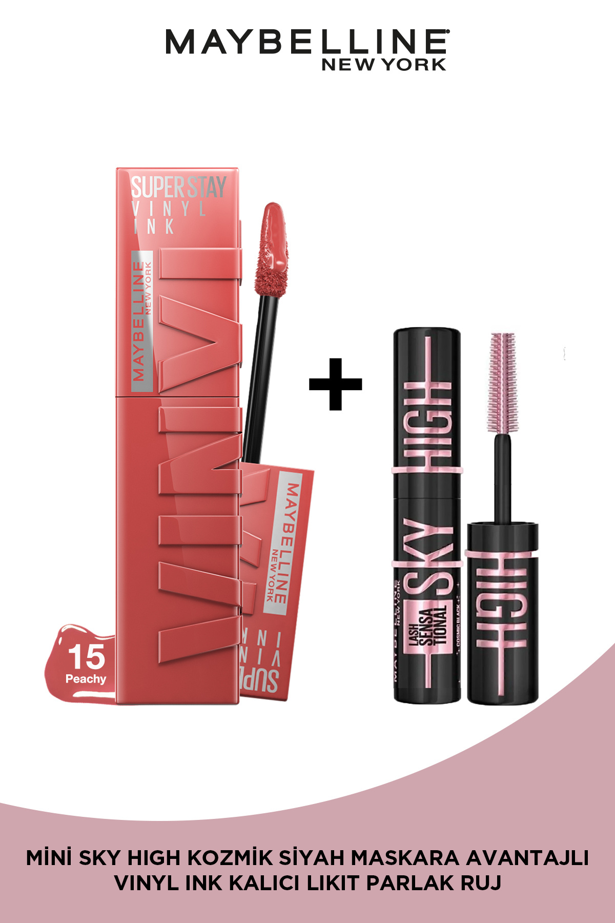 Maybelline New York Super Stay Vinyl Ink Uzun Süre Kalıcı Likit Parlak Ruj 15 Peachy& Mini Sky High Cosmic Black Maskara