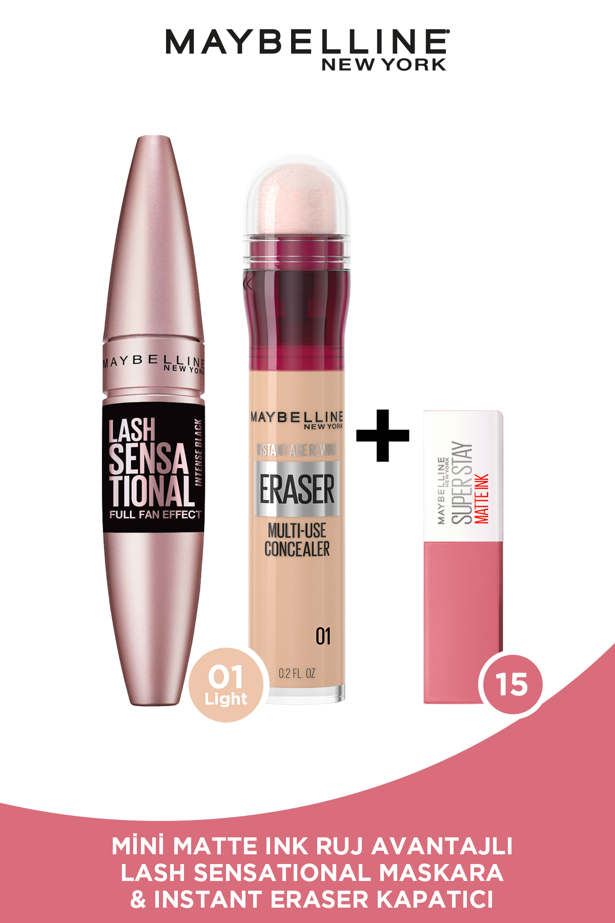 Maybelline New York Lash Sensational Ekstra Siyah Maskara& Instant Anti Age Eraser Kapatıcı 01 & Mini Likit Mat Ruj -15