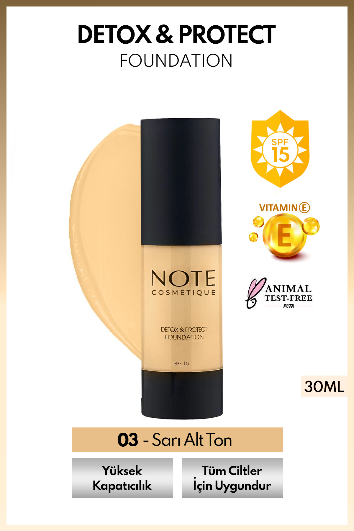 NOTE Detox & Protect Foundation Spf 15 Yoğun Kapatıcı Saten Bitişli Fondöten - 03 Medium Beige