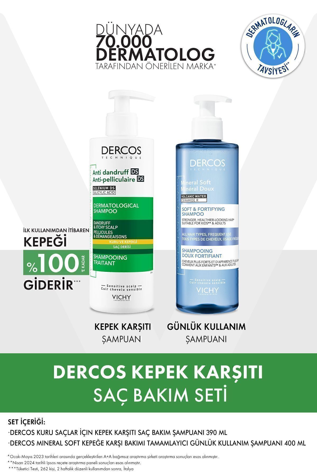Vichy Dercos Kuru Saçlar İçin Saç Bakım Seti: Kepek Karşıtı Şampuan& Mineral Soft Bakım Şampuan 400 ml