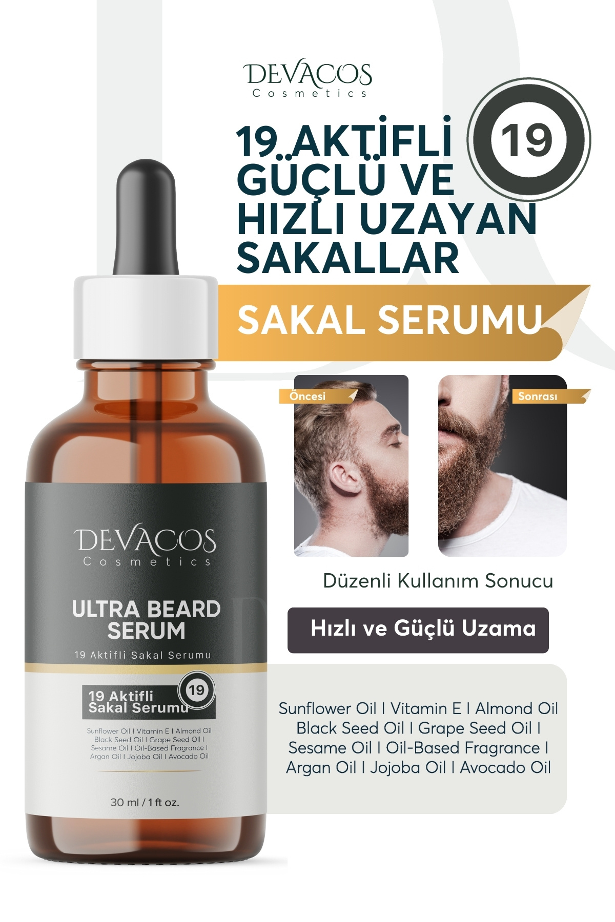 DEVACOS 19 Aktif Li Sakal Ve Köselik Sorunu Için Yeni Sakal Oluşumu Destekler Sakal Serumu Kaş Bıyık Serumu1