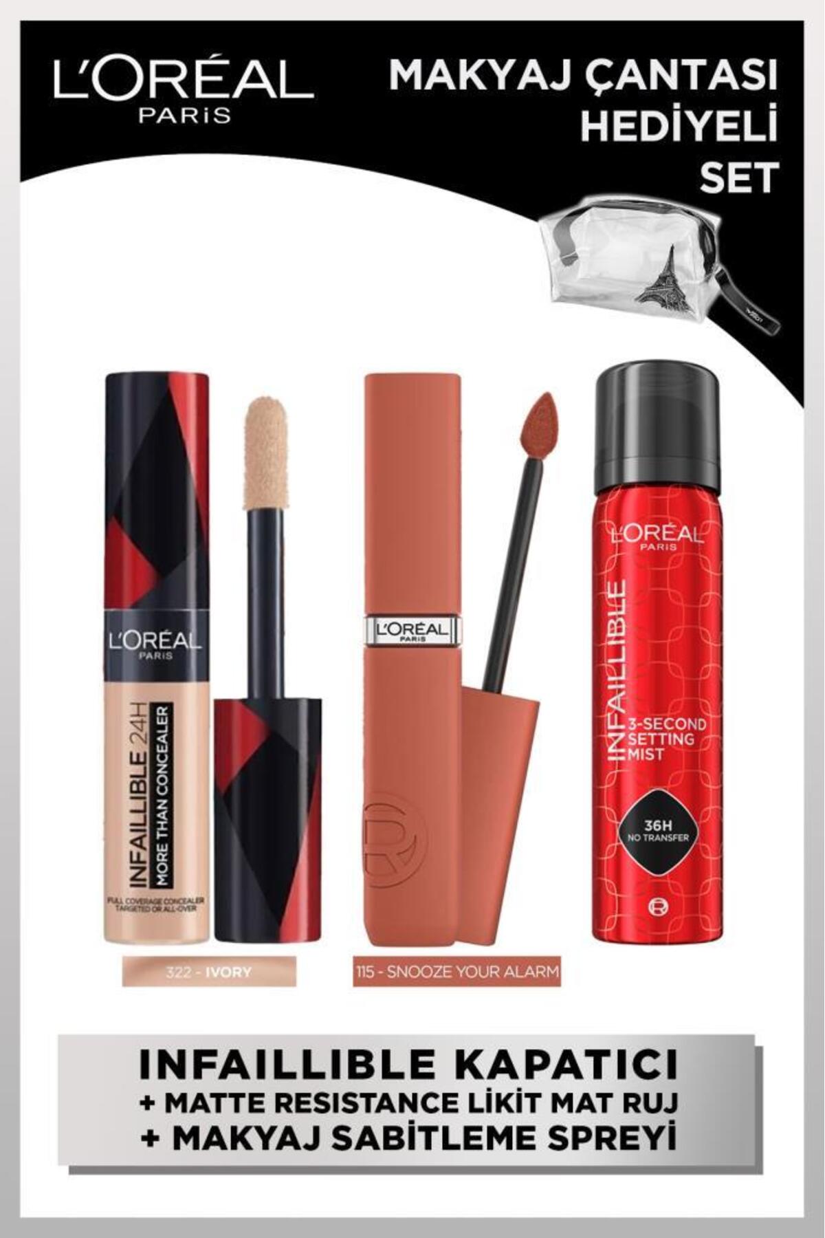 L'Oreal Paris Infaillible Kapatıcı 322 Ivory & Makyaj Sabitleme Spreyi & Matte Resistance Ruj 115 Çanta Hediyeli