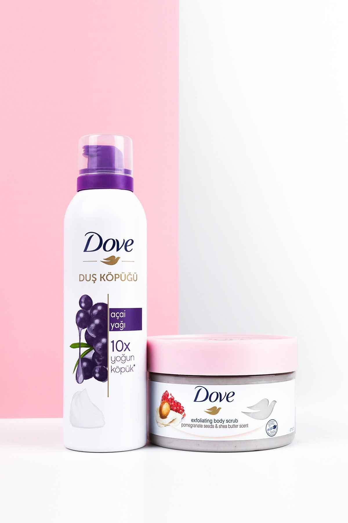 Dove Vücut Peelingi Nar Çekirdeği ve Shea Yağı 225 ml + Duş Köpüğü Açai Yağı Yoğun Köpük 200ml
