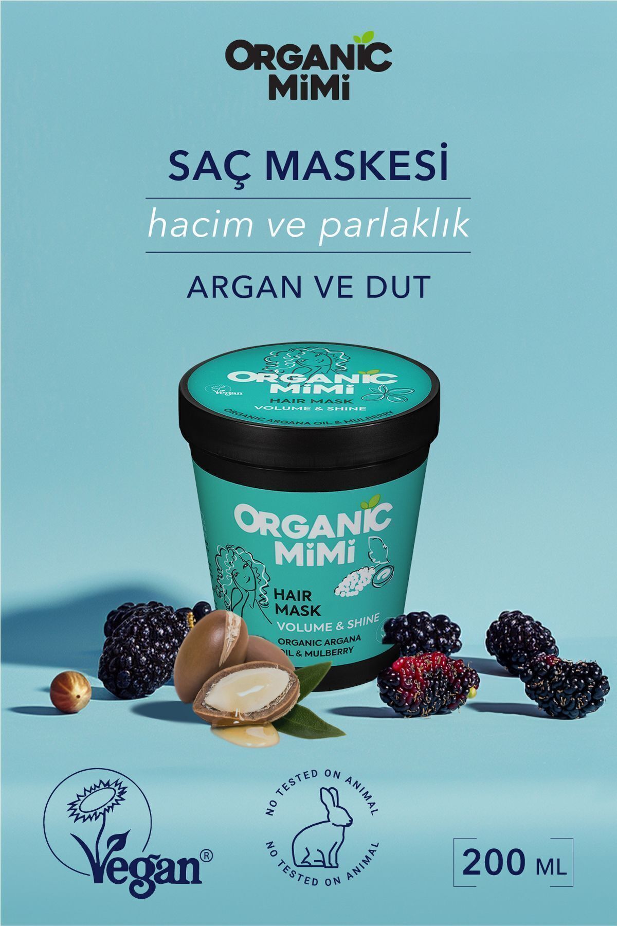 ORGANİC MİMİ Saç Bakım Maskesi Nemlendirici Besleyici, Argan Yağı Ve Dut Özlü Hacim Ve Parlaklık, 200 ml