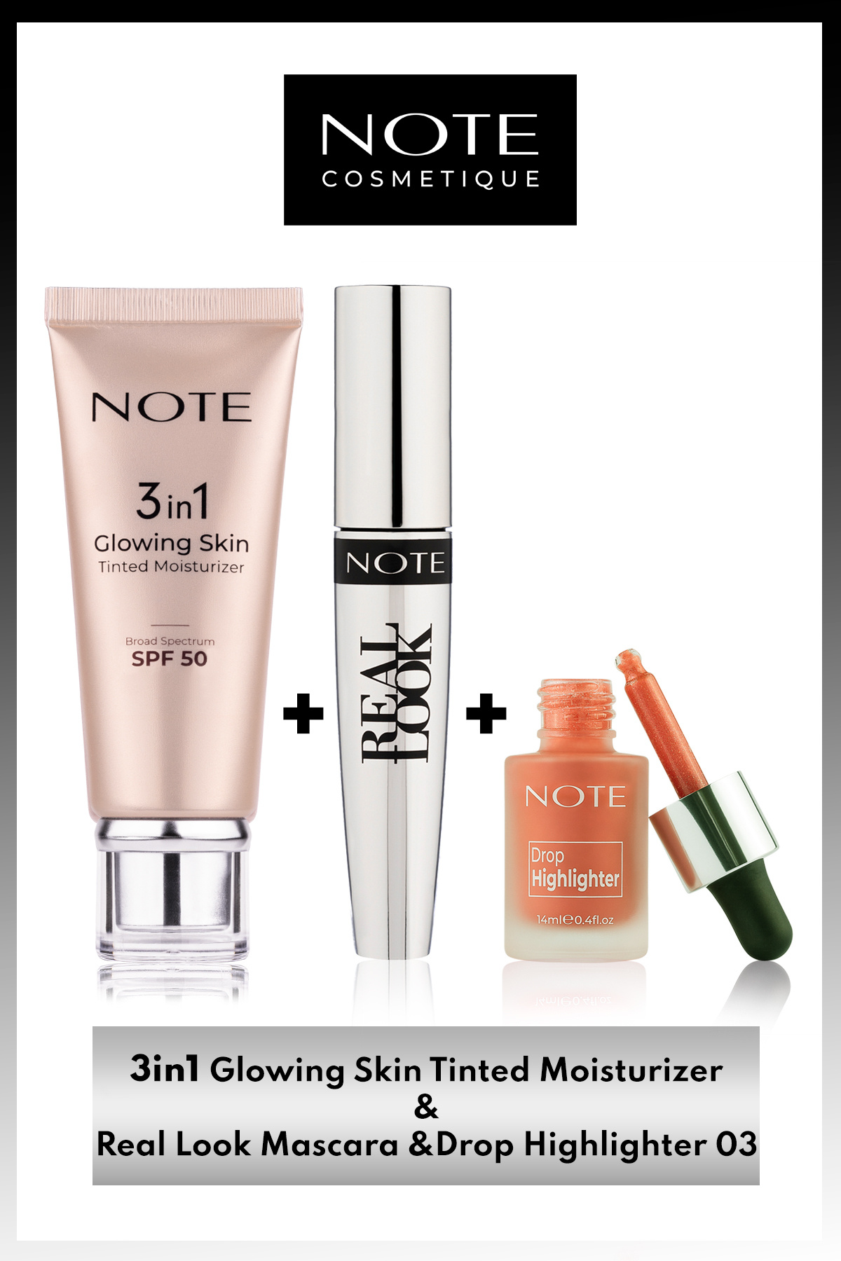 NOTE Yaz Işıltısı 3'lü Makyaj Seti - 3 in 1 Glowing Skin / Drop Highlighter 03 / Real Look Maskara