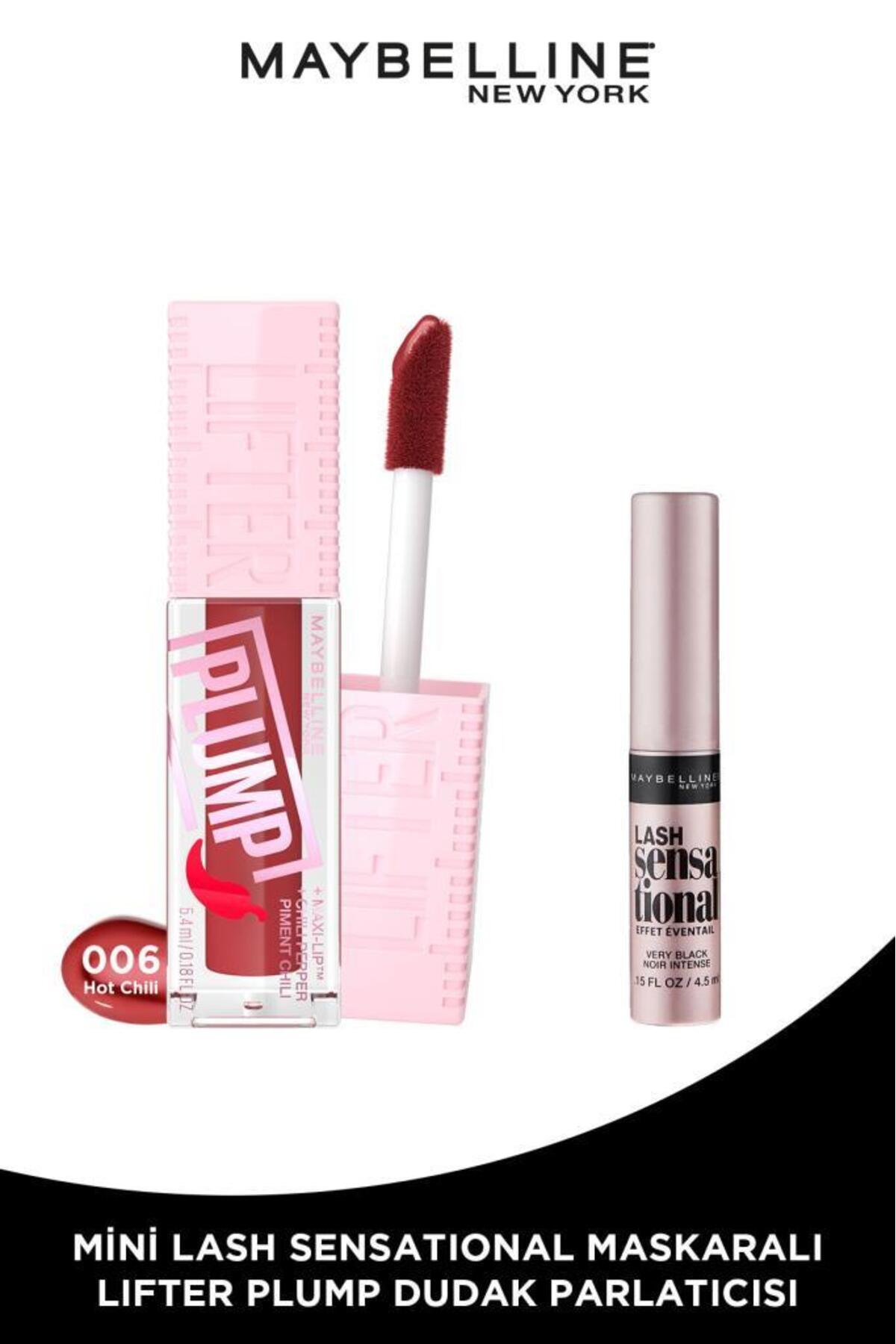Maybelline New York Lifter Plump Dudak Parlatıcısı 006 Hot Chili Kırmızı & Mini Lash Maskara Makyaj Seti