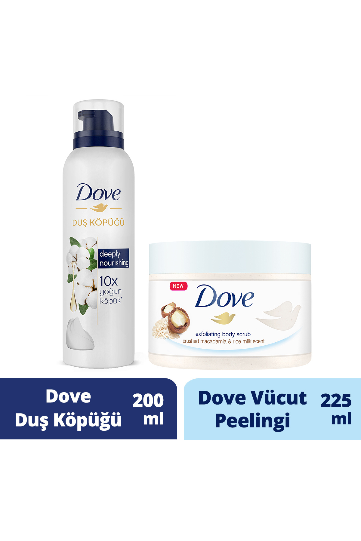 Dove Vücut Peelingi Macademia Fındığı ve Pirinç Sütü 225ml + Duş Köpüğü Depply Nourishing 200ml