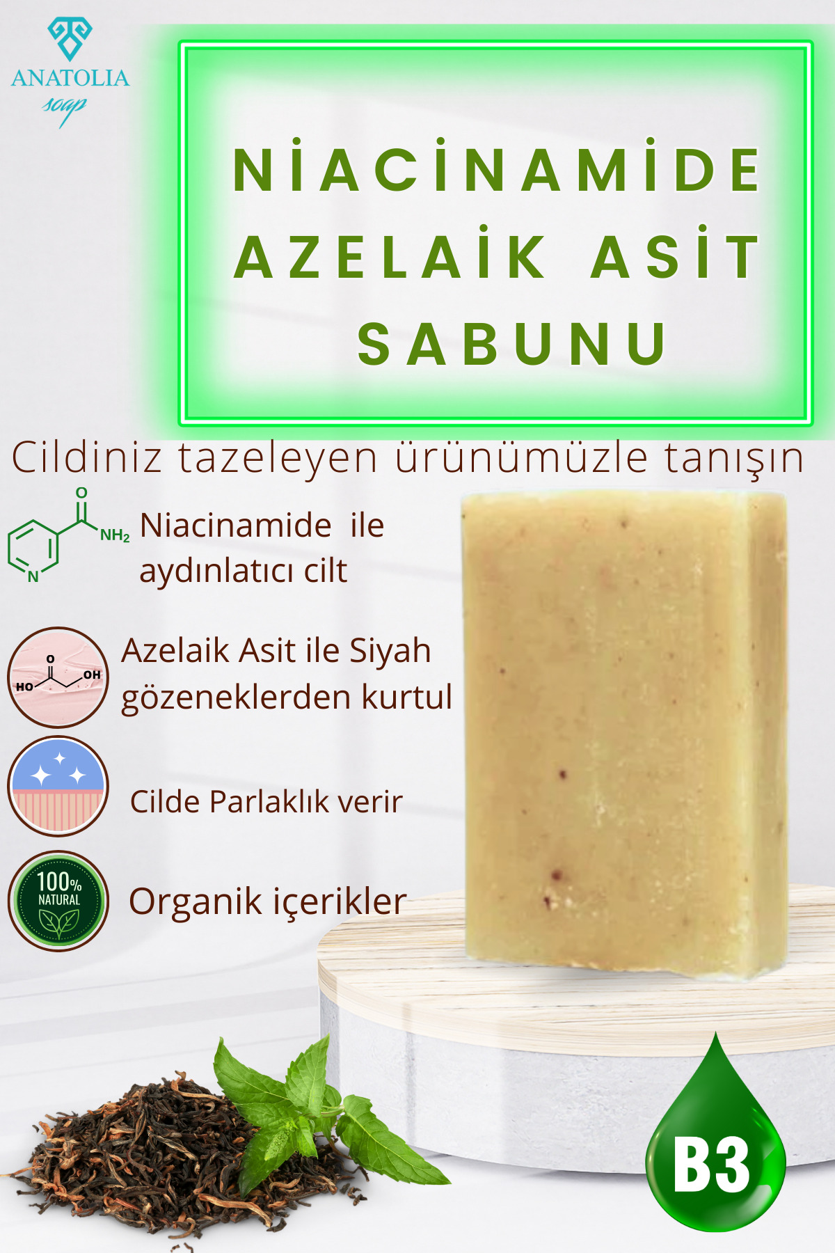 Anatolia Soap Niacinamide Çay Ağacı Sabunu Akne Karşıtı Cilt Aydınlatıcı Gözenek Arındırıcı