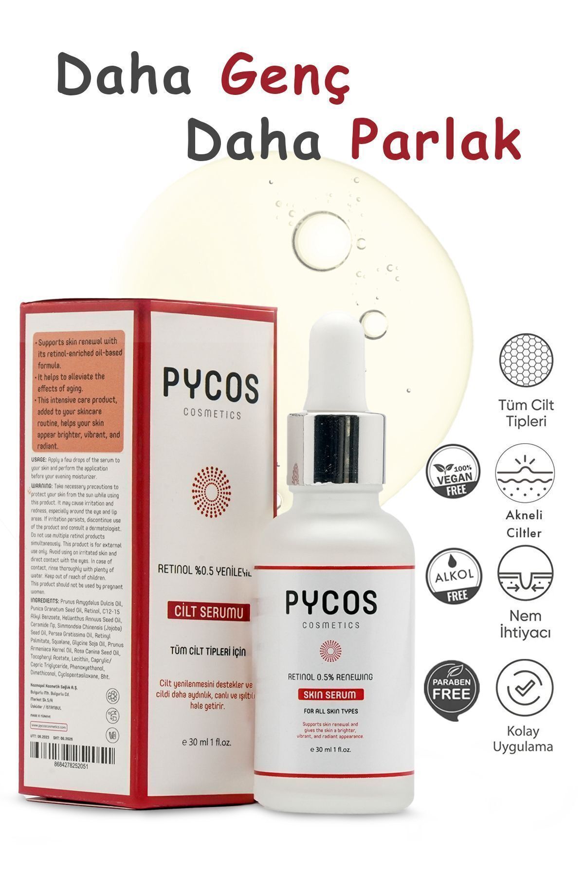PYCOS COSMETICS Retinol 0.5% Kırışıklık Ve Yaşlanma Karşıtı Cilt Yenileyici Cilt Bakım Serumu 30 ml