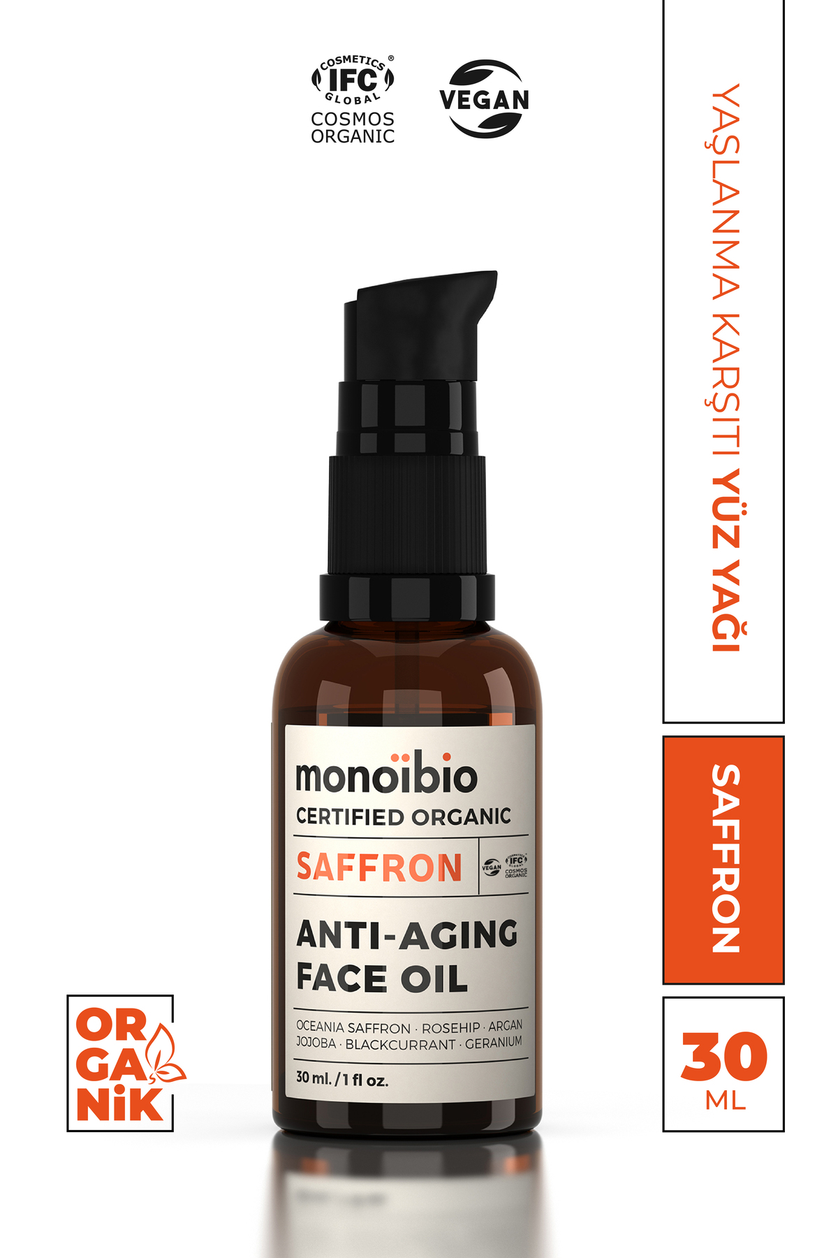 Monoibio Saffron Yaşlanma Karşıtı Organik Yüz Bakım Yağı - Anti Aging Kolajen Yapısı Güçlendirici Serum 30 ml
