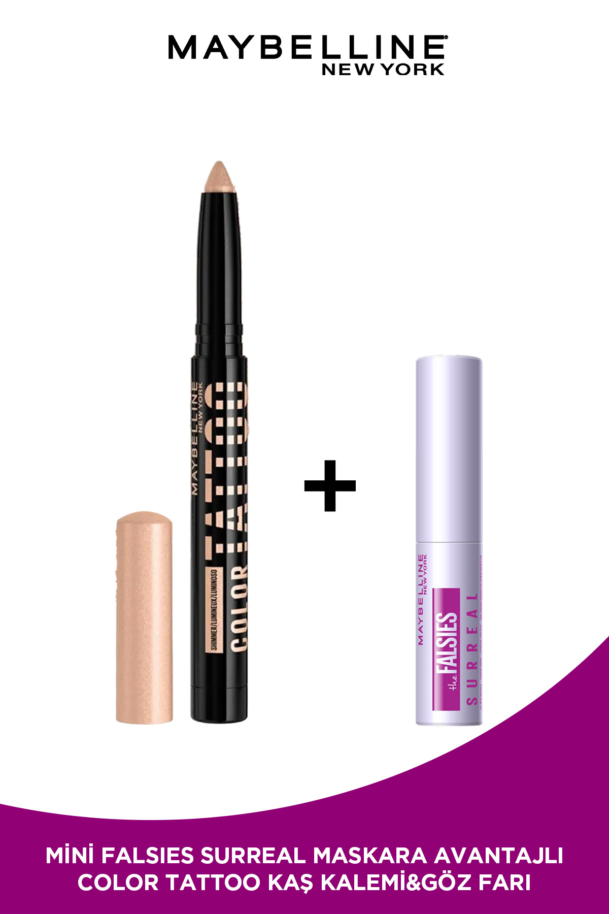 Maybelline New York Color Tattoo 24H Eye Stix Göz Farı - Courageous & Mini Falsies Surreal Maskara
