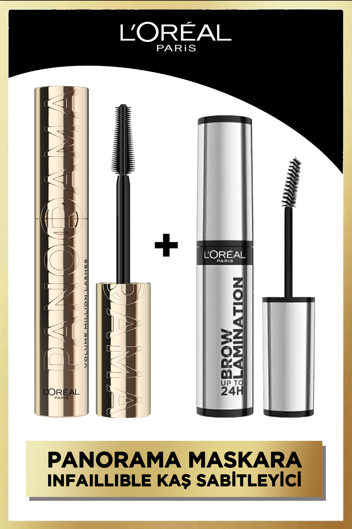 L'Oreal Paris Panorama Hacim Veren Maskara Siyah + Infaillible 24H Brow Lamination Şeffaf Kaş Sabitleyici